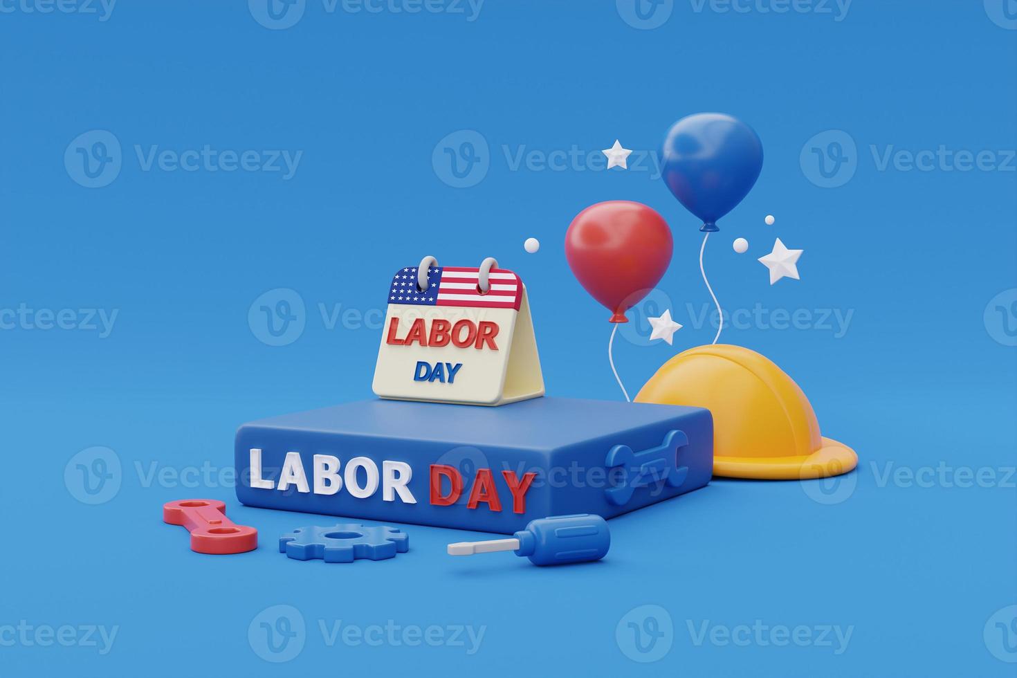 gelukkige dag van de arbeid usa concept, podiumvertoning met bouwhulpmiddelen en ballon op blauwe achtergrond, 3D-rendering foto