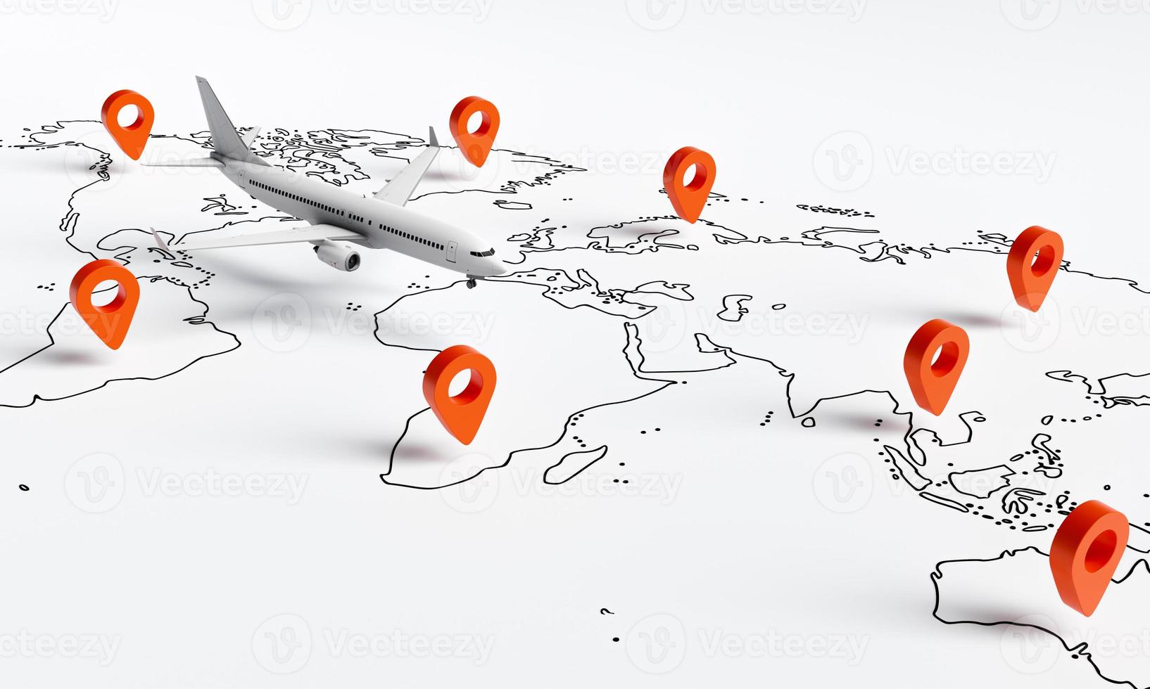 vliegtuig vliegt boven Witboek kaart van de wereld reizen met rode locatie pinnen punt achtergrond. reis- en reislustconcept. 3D illustratie weergave foto