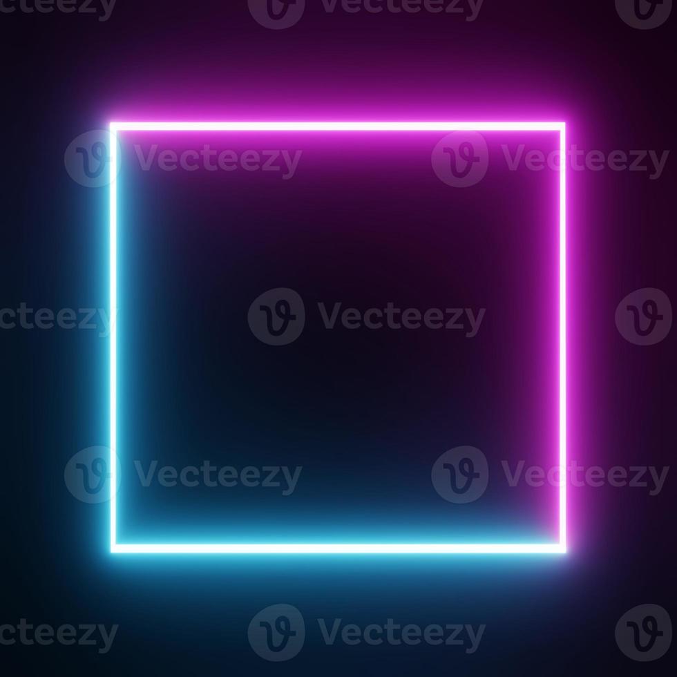 vierkante rechthoek afbeeldingsframe met tweekleurige neon kleur motion graphic op geïsoleerde zwarte achtergrond. blauw en roze licht dat beweegt voor overlay-element. 3D illustratie weergave. lege kopie ruimte midden foto