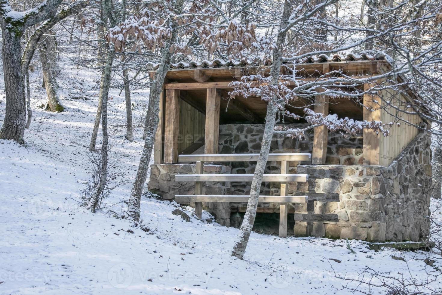 houten en stenen hut in een besneeuwd bos foto