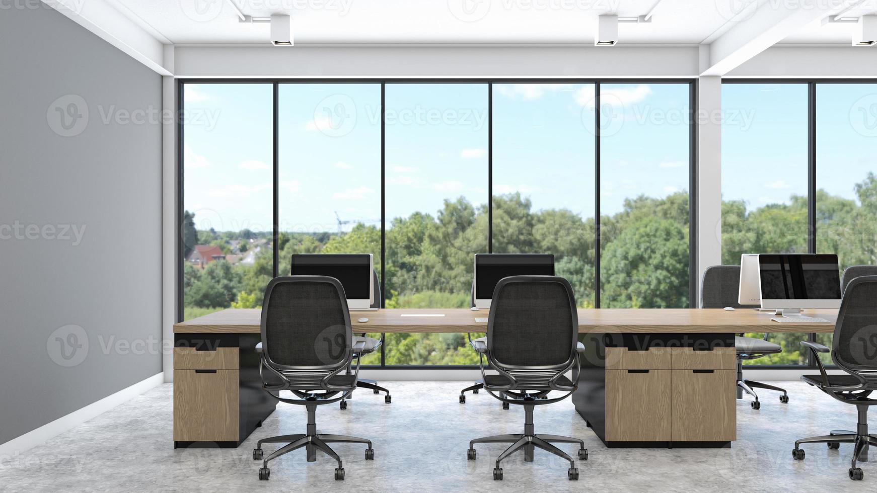 minimalistische loft-kantoorruimte met houten bureau, kozijnraam en betonnen vloer. 3D-rendering foto