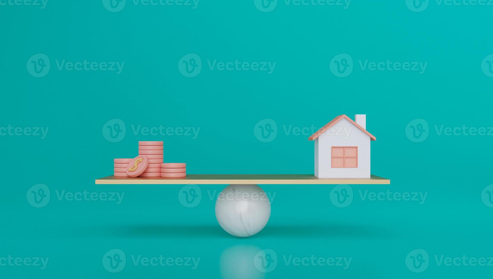 3D-rendering concept van investeringen. munten en huis op plankbeton. evenwichtsconcept. minimalistisch concept. foto