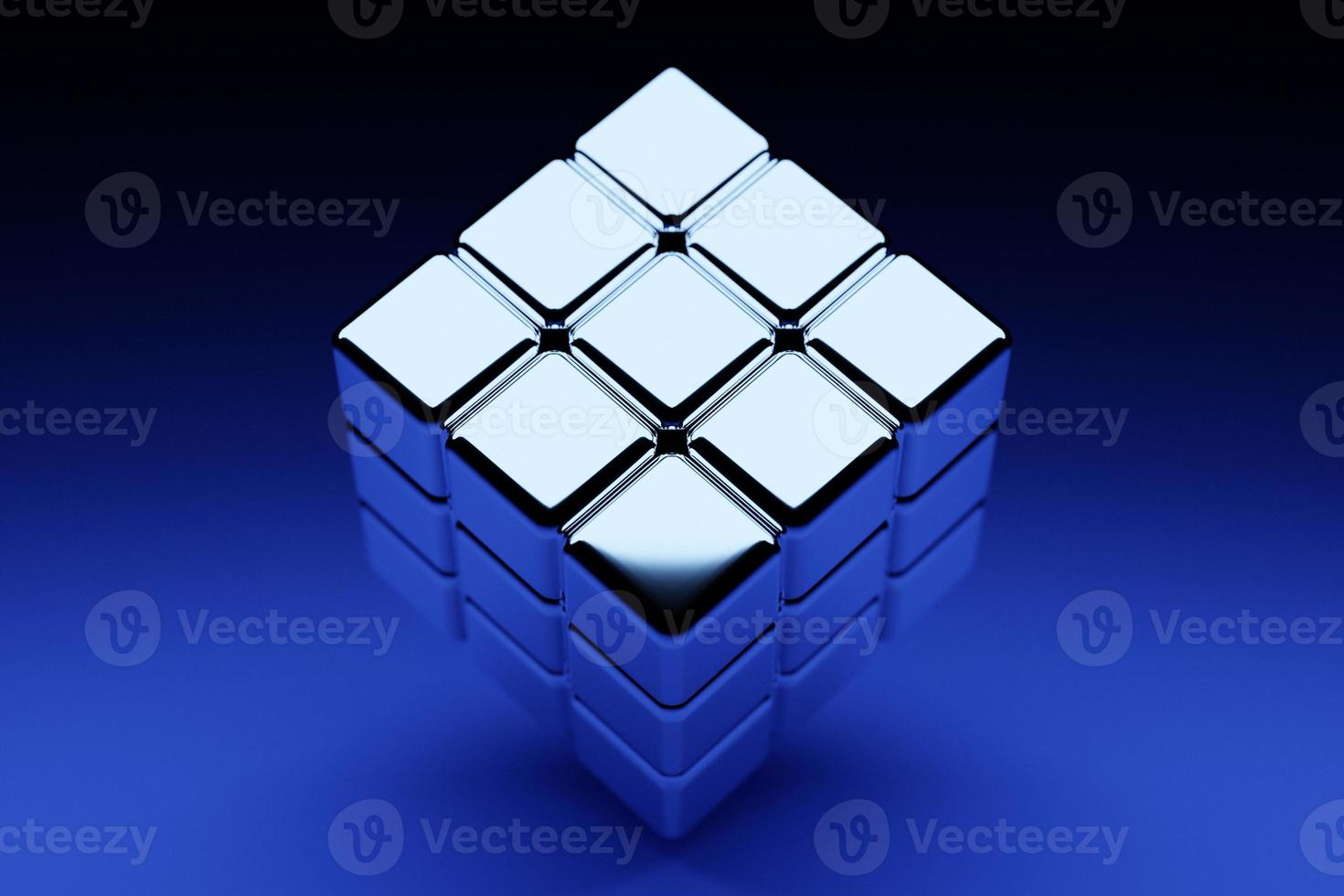 3d illustratie klassiek stilleven met een geometrische volumetrische figuur van een kubus met een schaduw onder blauwe neonkleur foto