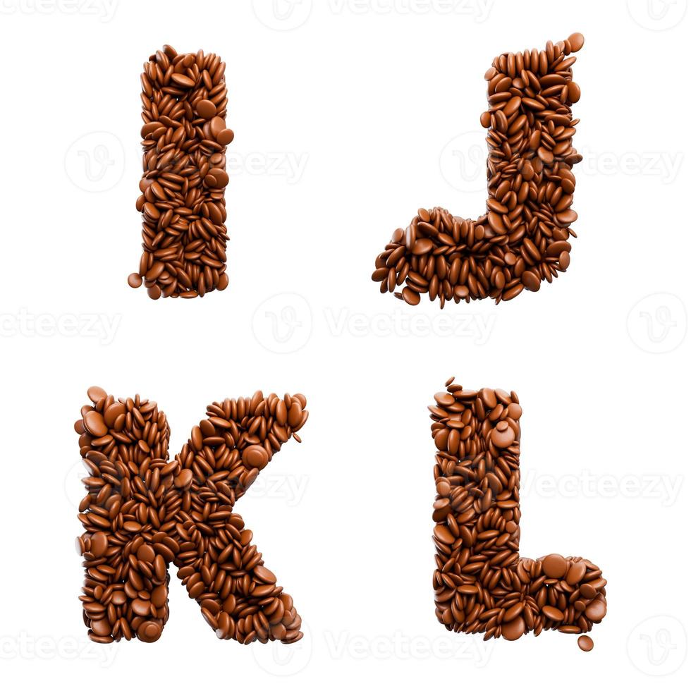 letter ijkl gemaakt van chocolade gecoate bonen chocolade snoepjes alfabet 3d illustratie foto