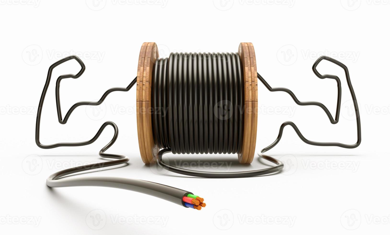 draad elektrische kabel sterke arm biceps op houten spoel of spoel geïsoleerd op veilige elektrische krachtige witte achtergrond. 3d illustratie foto