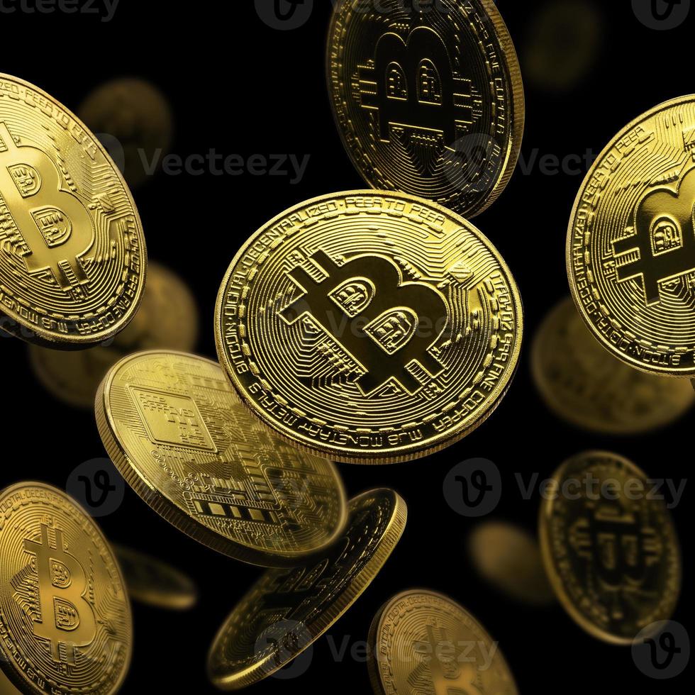 gouden munt bitcoin zweeft op een zwarte achtergrond foto