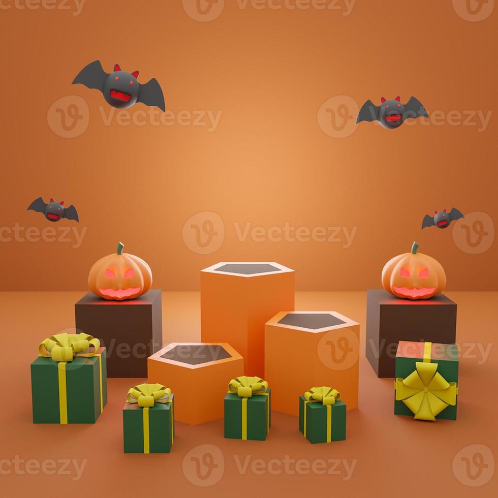 happy halloween, concept productpresentatie podium met pompoenspook en vleermuis met geschenkdoos, oranje toon achtergrond. 3D-rendering foto