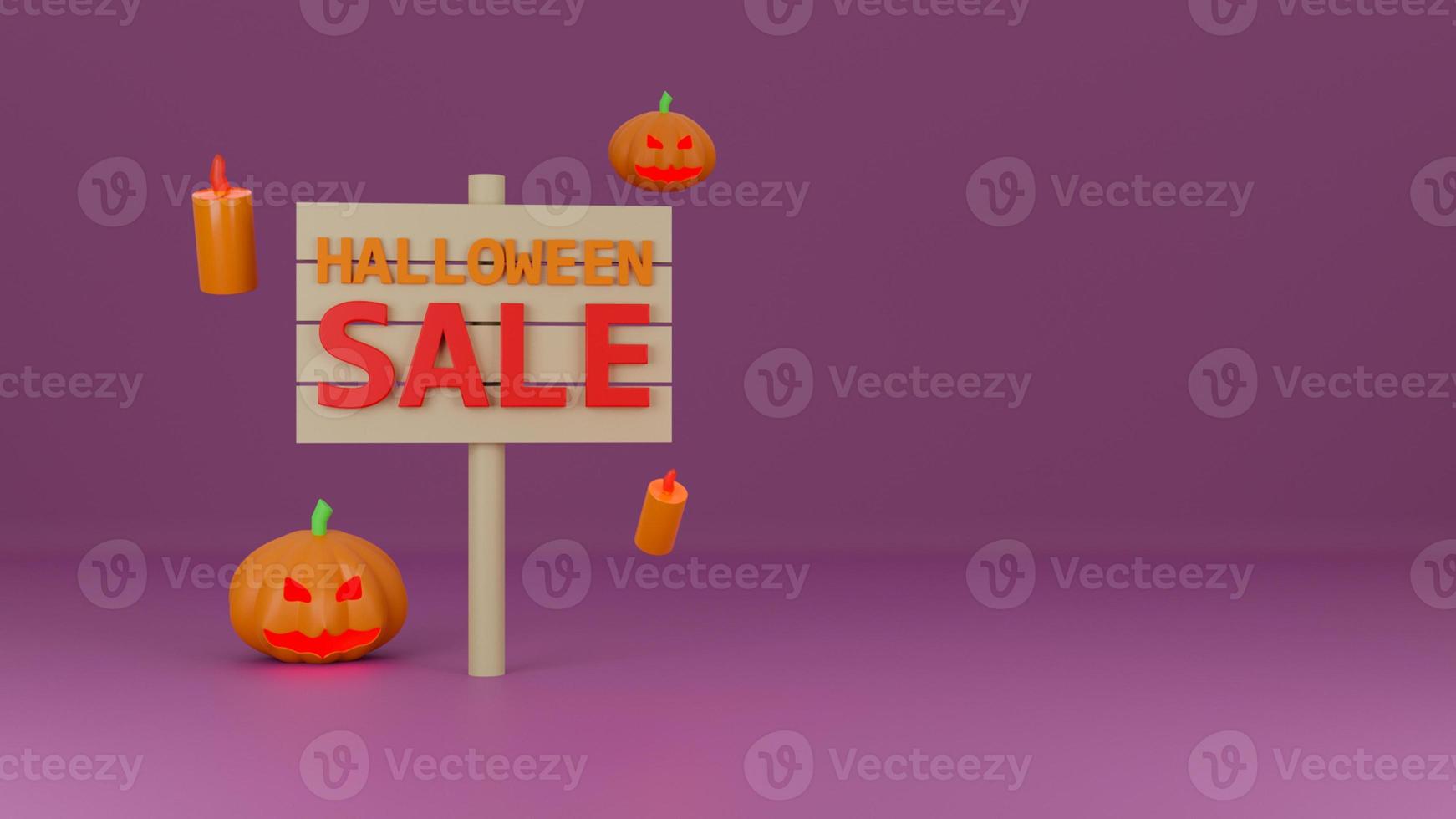gelukkig halloween-verkoopteken van spookpompoen met kaars op purpere achtergrond. 3D-rendering foto