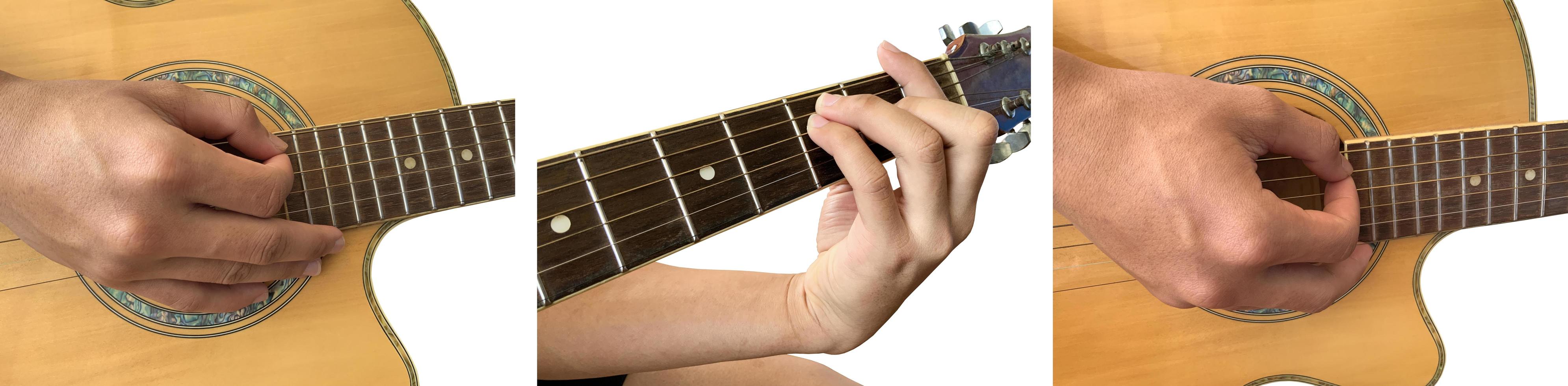 geïsoleerde vingers en hand die de gitaar speelt met uitknippaden. foto