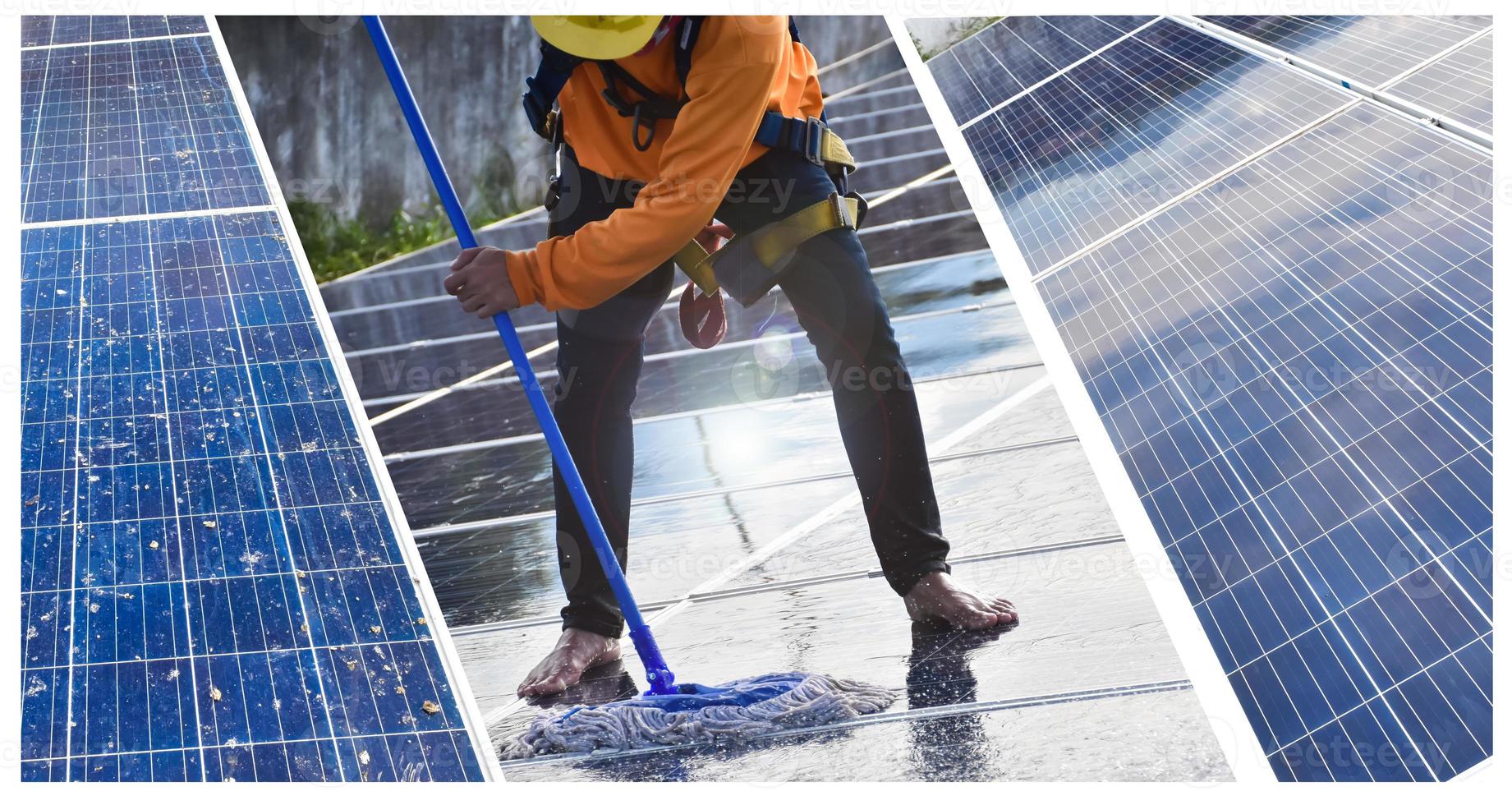 fotovoltaïsche technici waren bezig met het schoonmaken en wassen van het oppervlak van de zonnepanelen met stof en vogelpoep foto