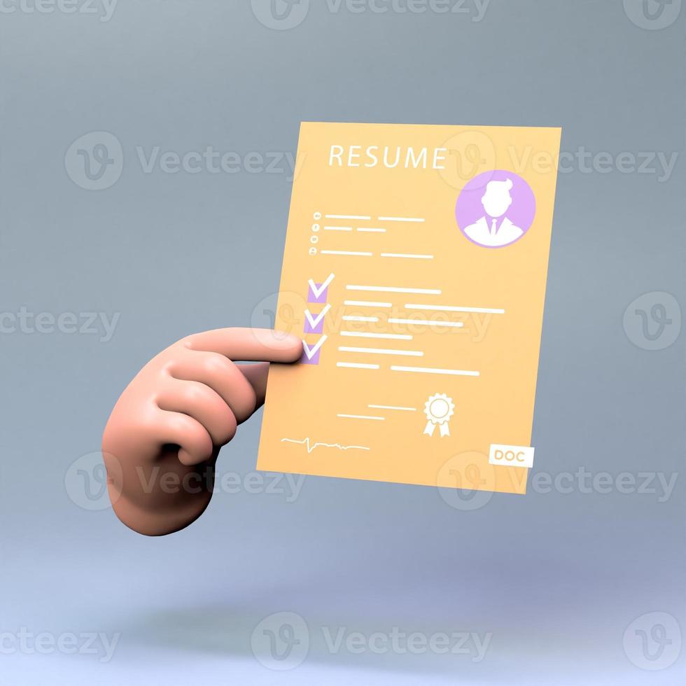 hand met cv-pictogram. 3D render illustratie. foto