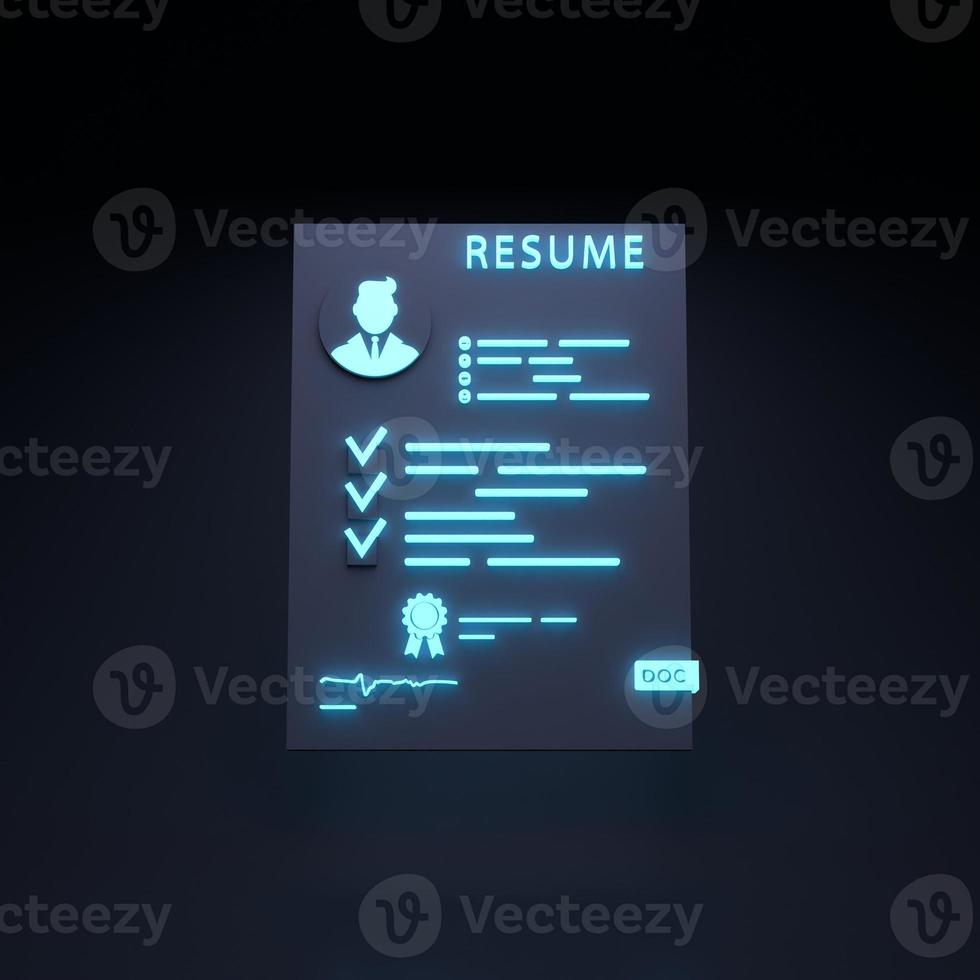 kandidaat CV neon icoon. personeel zoeken concept. 3D render illustratie. foto