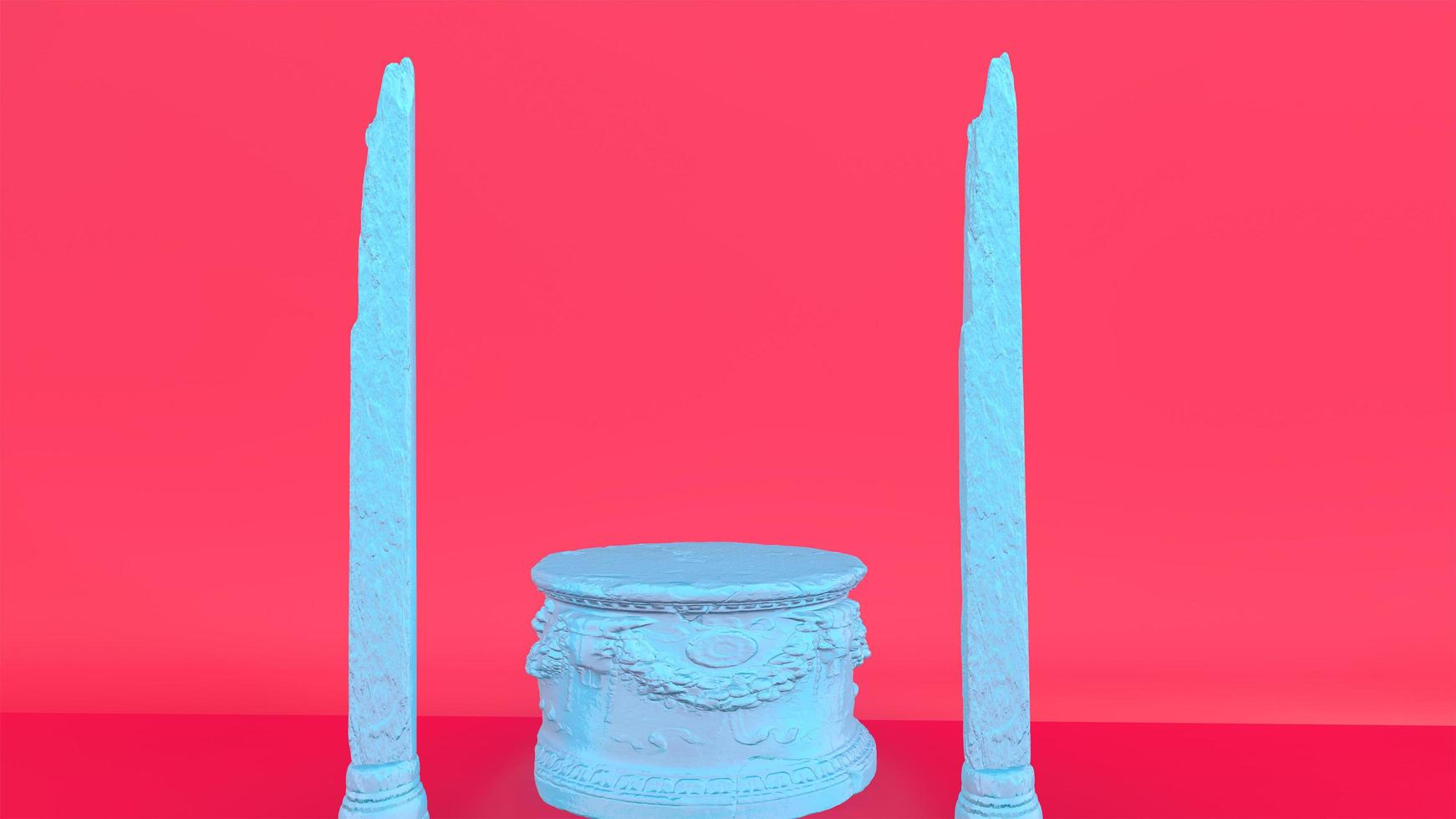 3D render kleurrijke Romeinse marmeren sierlijke podium en gebroken kolom op roze achtergrond foto