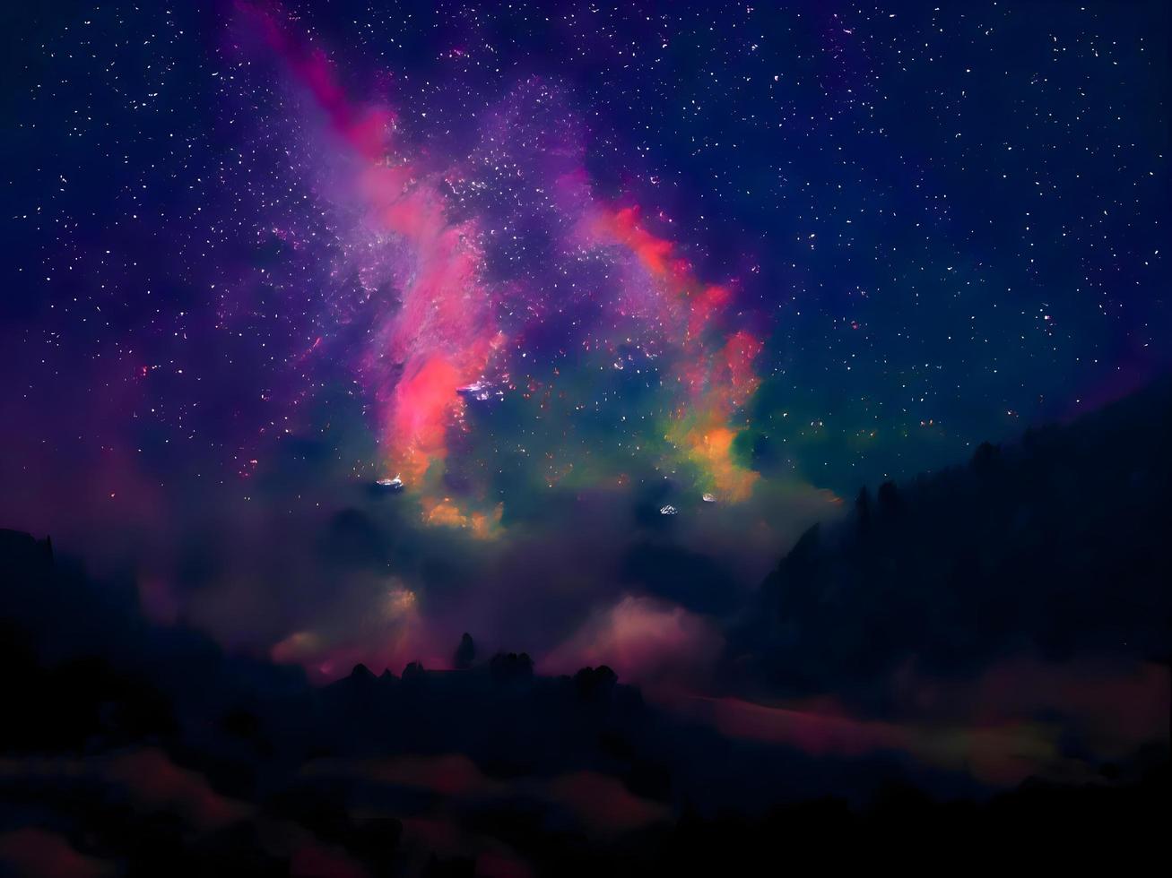 melkweg en roze licht op de bergen. nacht kleurrijk landschap. sterrenhemel met heuvels. prachtig universum. ruimteachtergrond met melkweg. reis achtergrond foto