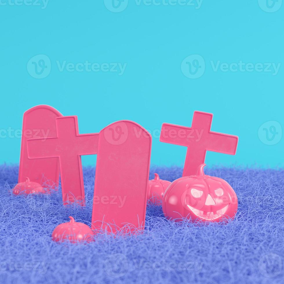 roze halloween-pompoenen met kruisen en grafstenen op heldere blauwe achtergrond in pastelkleuren. minimalisme concept foto
