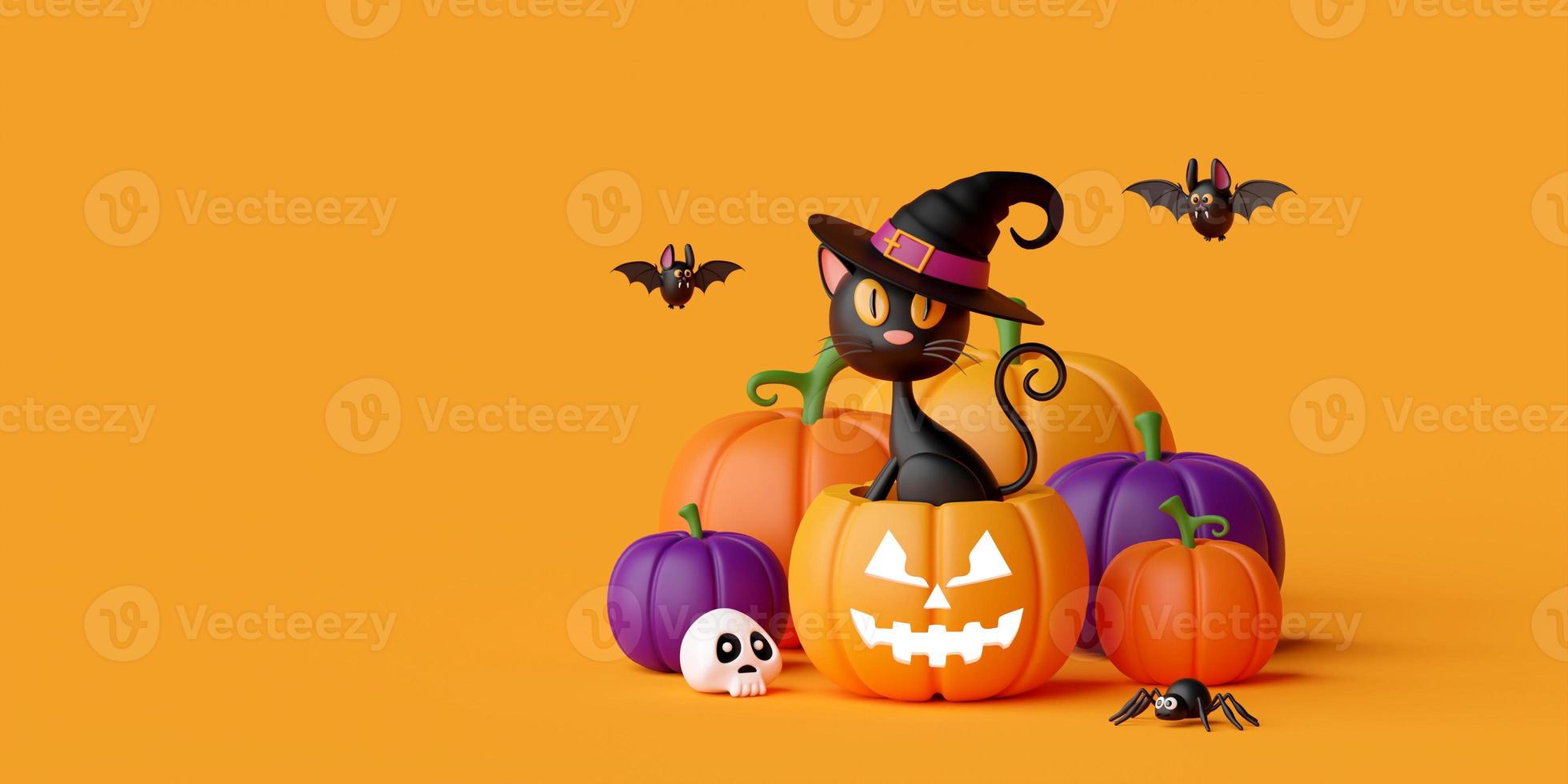 zwarte kat in jack o lantern pompoen, happy halloween 3d illustration foto