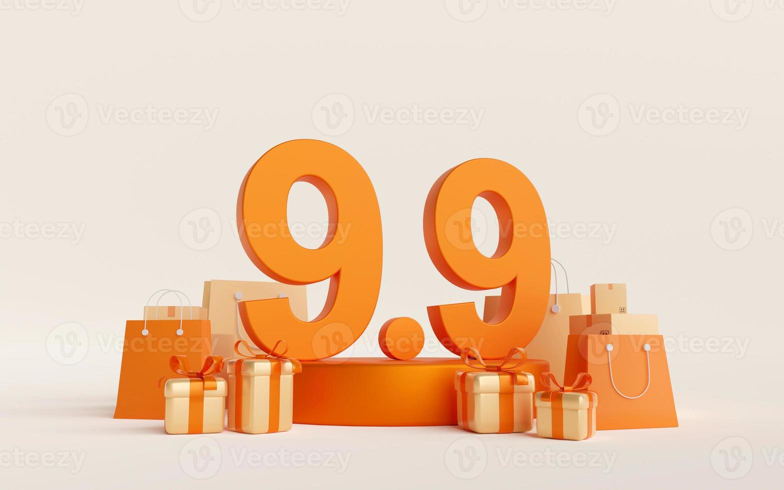 3d illustratie van promotiedeal 9.9 podium met boodschappentas en geschenkdoos foto