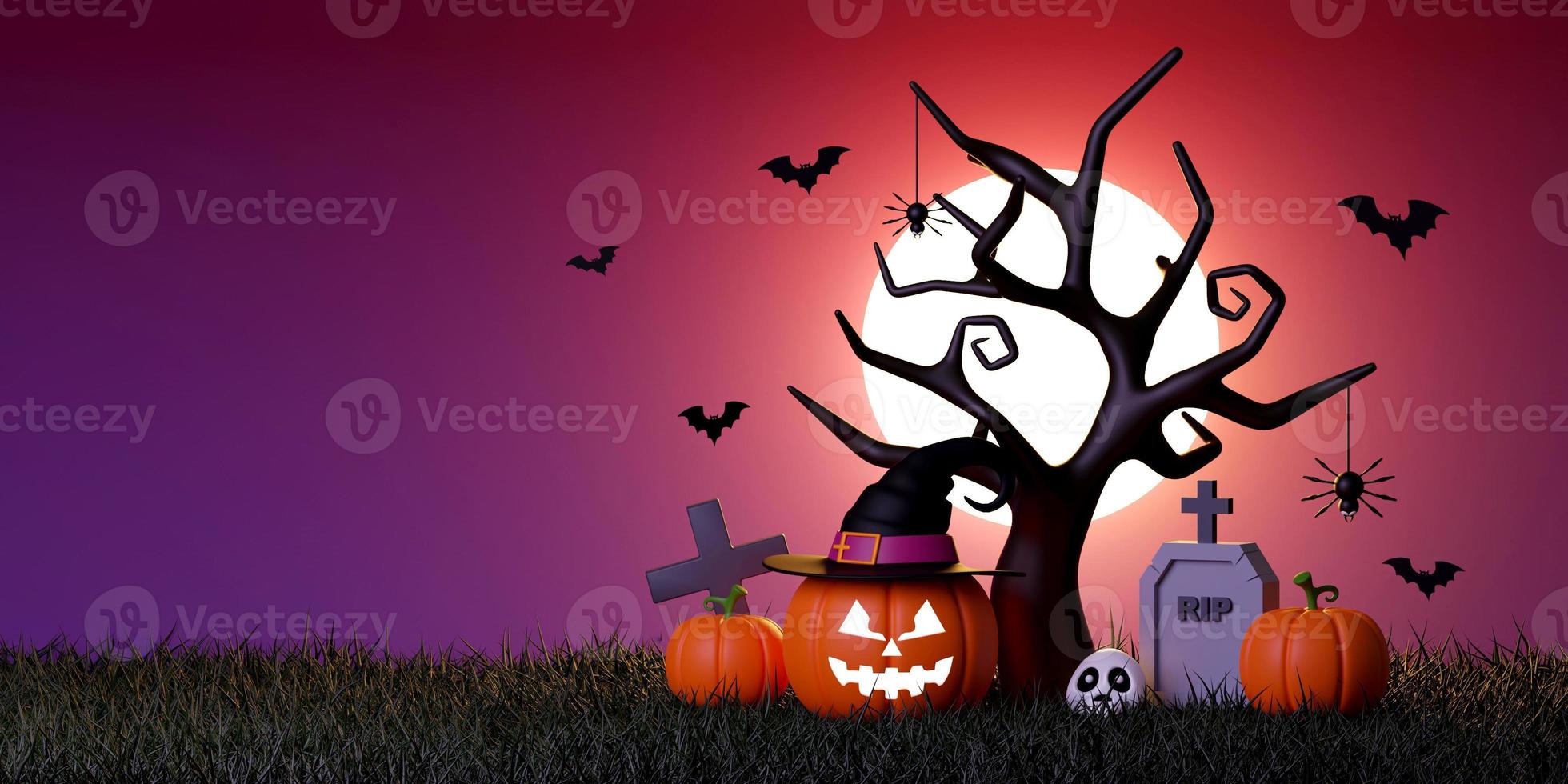 happy halloween-dagbanner, jack o lantern op het kerkhof op een volle maannacht, 3d illustratie foto