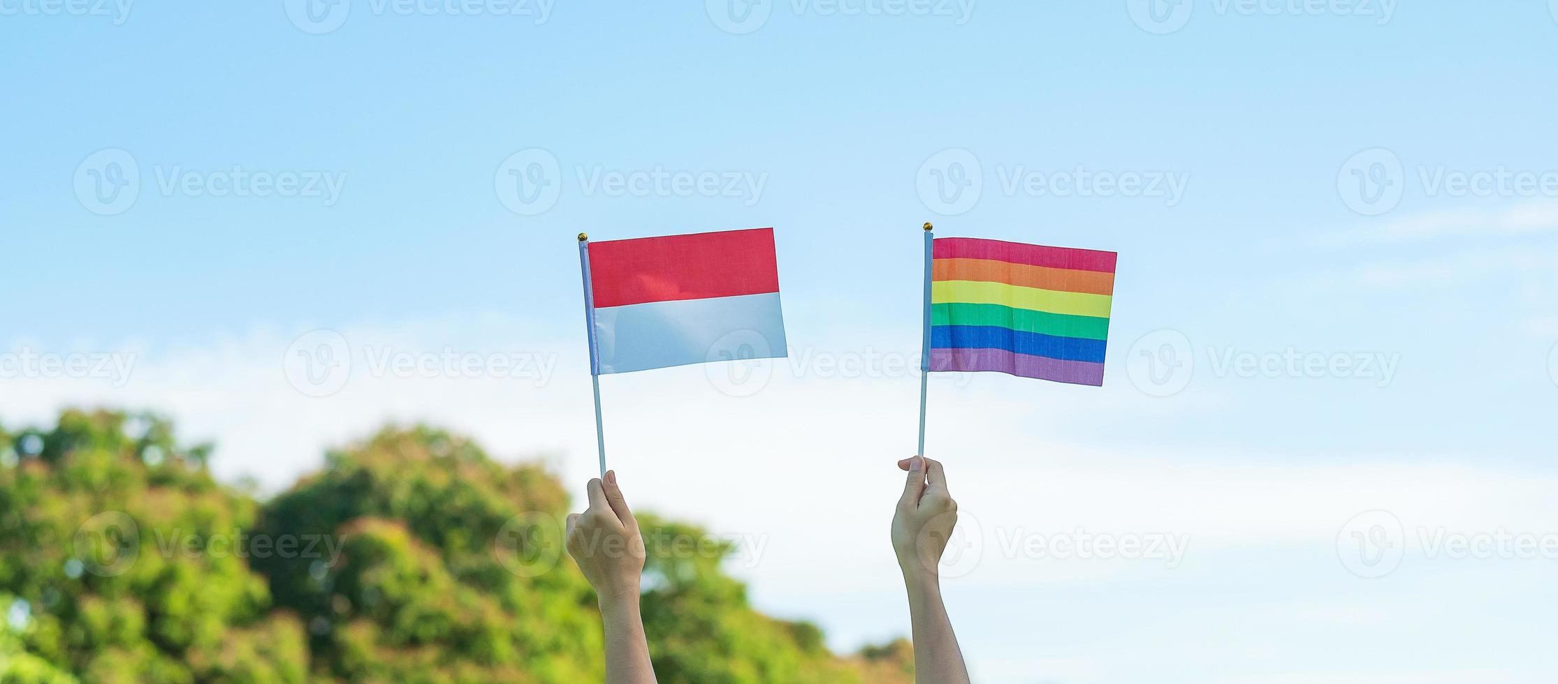 handen met lgbtq regenboog en indonesië vlag op de achtergrond van de natuur. ondersteuning van lesbische, homoseksuele, biseksuele, transgender en queer gemeenschap en het concept van de trotsmaand foto