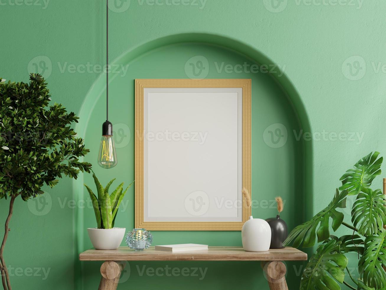 kosten Editor steno mock up fotolijst groen muur gemonteerd op de houten plank met prachtige  planten. 9207495 stockfoto bij Vecteezy