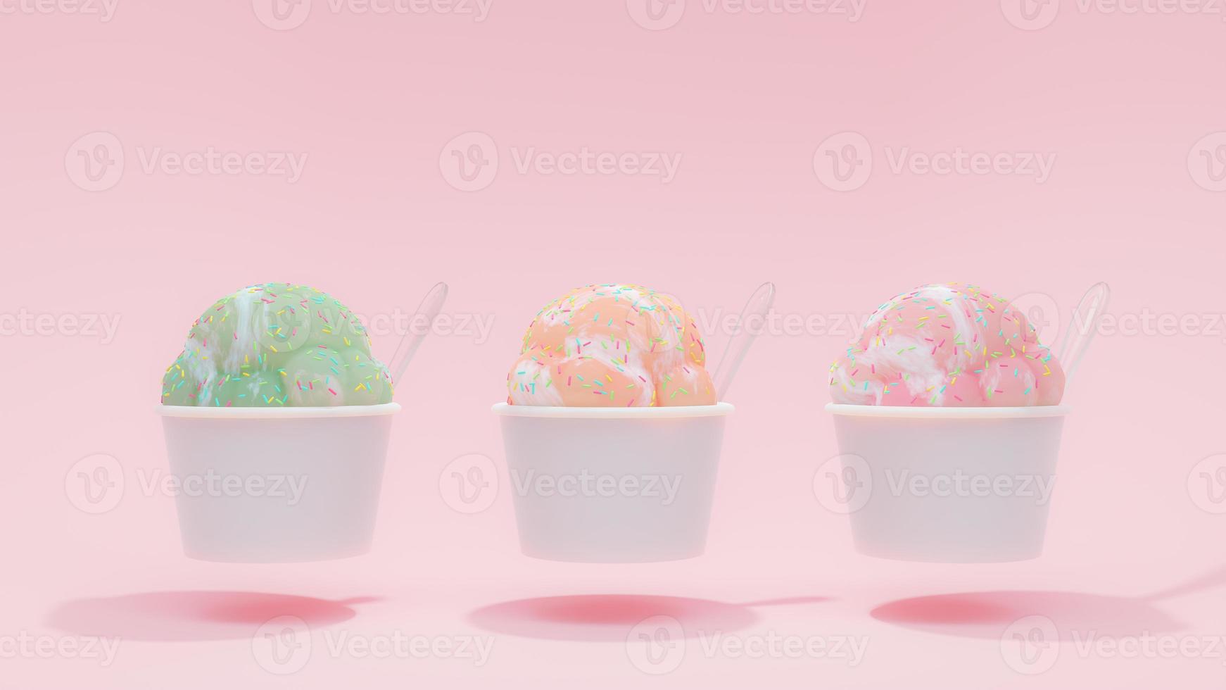 ijs roze, oranje, groene pastelkleur in witte kop op roze achtergrond. licht van bovenaf. minimaal idee concept, 3d render foto