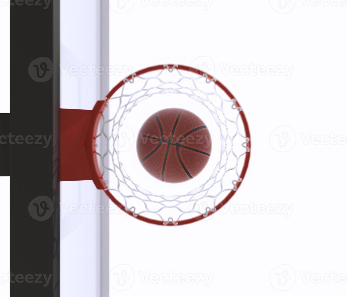 3D-weergave van basketbal op de hoepel geïsoleerd op een witte achtergrond foto