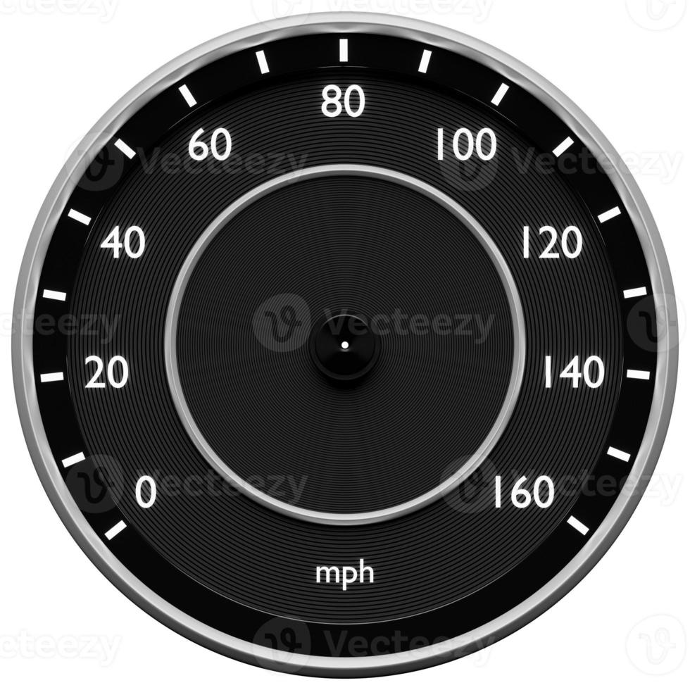 3d illustratie close-up zwart paneel van een auto, digitale heldere snelheidsmeter in een sportieve stijl op een witte geïsoleerde achtergrond foto