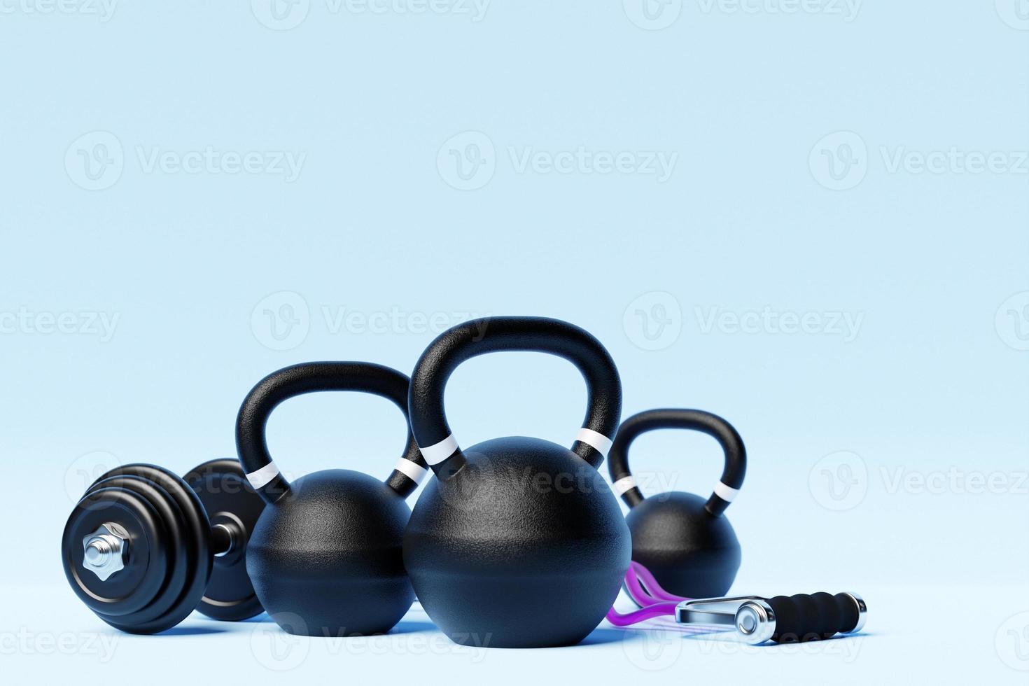 3D illustratie, zwarte dumbbells, kettlebells en fitness bands op een blauwe kleurrijke achtergrond. tijd om je lichaamsconcept te veranderen. foto