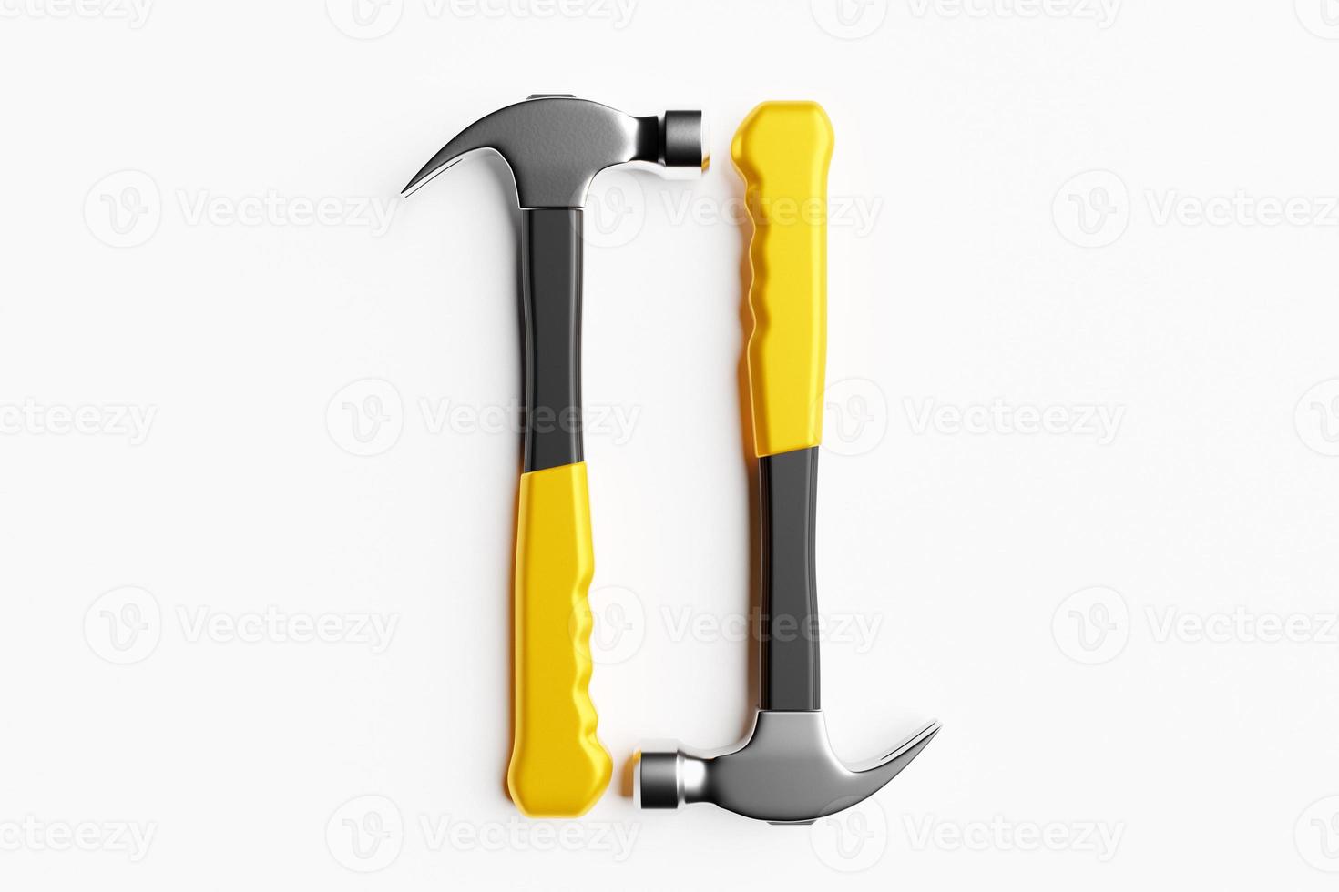 3D-afbeelding van een metalen hamer met een geel handvat handgereedschap geïsoleerd op een witte achtergrond. 3D render en illustratie van reparatie- en installatietool foto