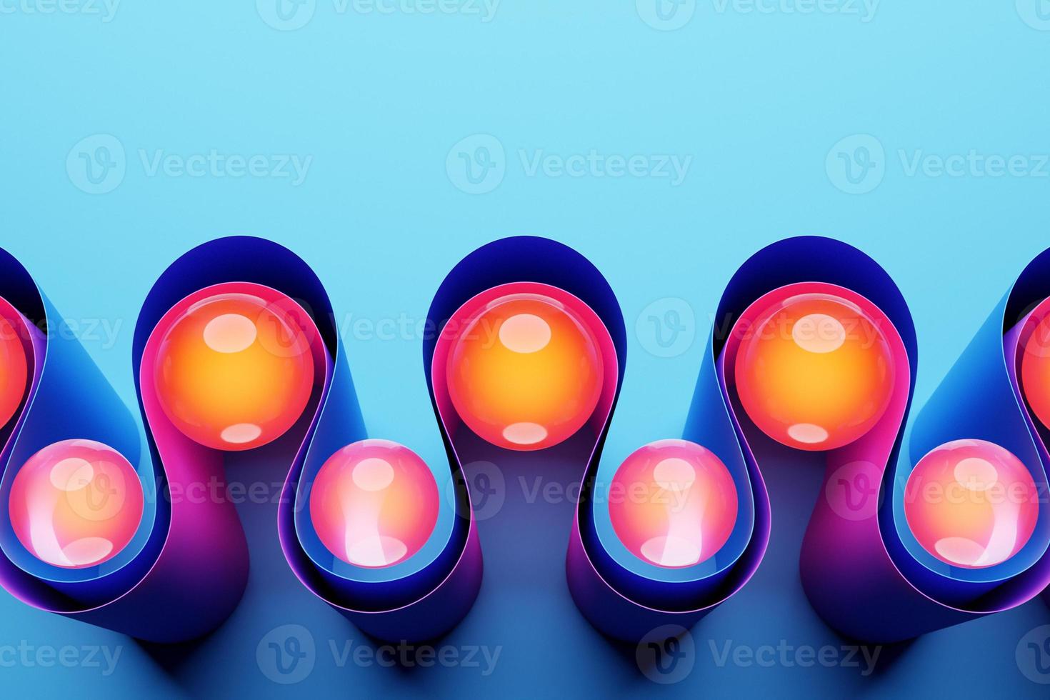 3d illustratie van een geometrisch blauw golfoppervlak met gloeiende kleurrijke ballen erin. patroon van eenvoudige geometrische vormen foto