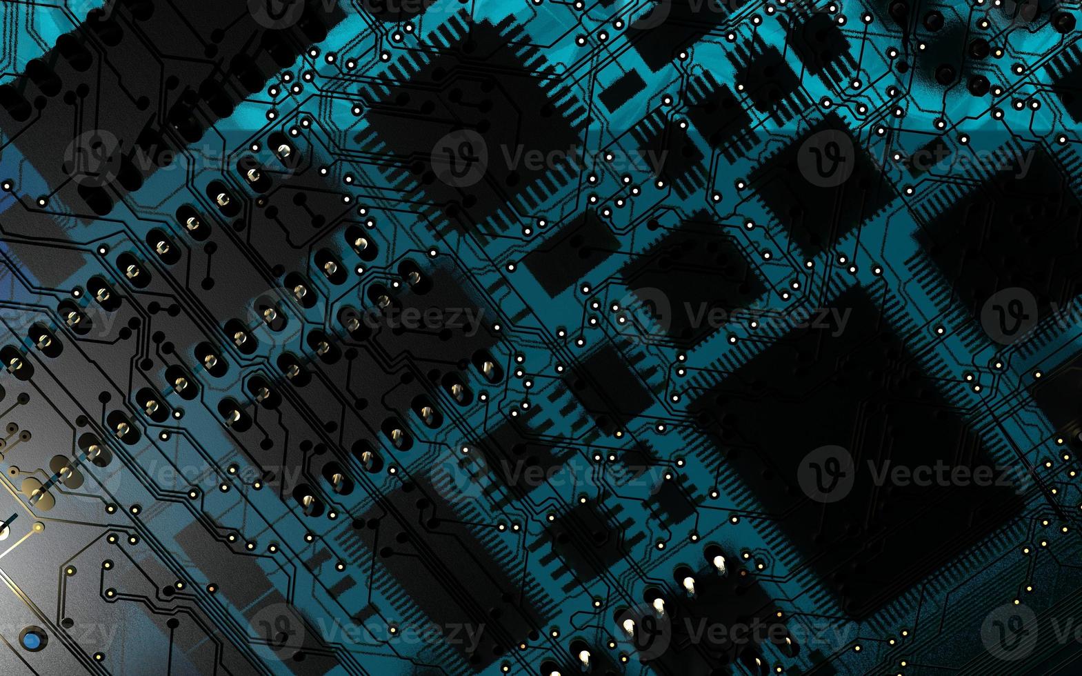 processorchip op een printplaat in rode achtergrondverlichting. 3D illustratie op het gebied van technologie en de kracht van kunstmatige intelligentie. foto