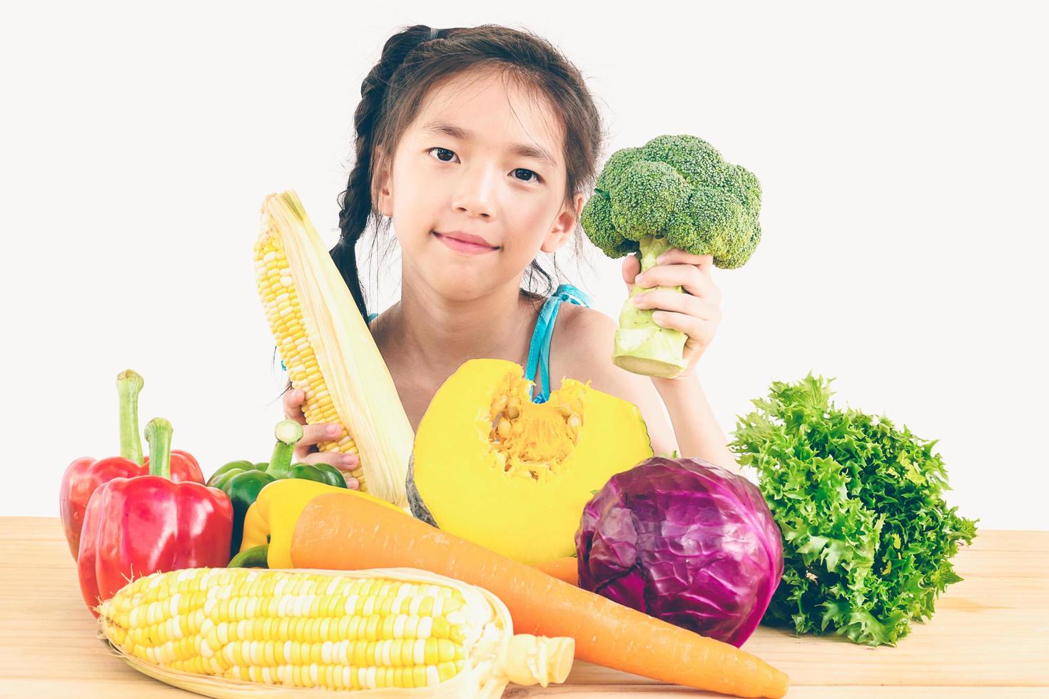 vintage stijl foto van aziatische mooie meid die laat zien geniet van expressie met verse kleurrijke groenten geïsoleerd op een witte achtergrond