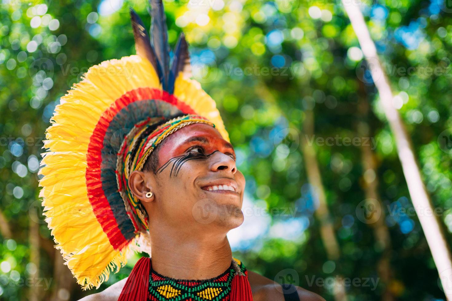 indiaan van de pataxo-stam met veren hoofdtooi naar rechts kijkend. inheems uit Brazilië met traditionele gezichtsschilderingen. focus op het gezicht foto