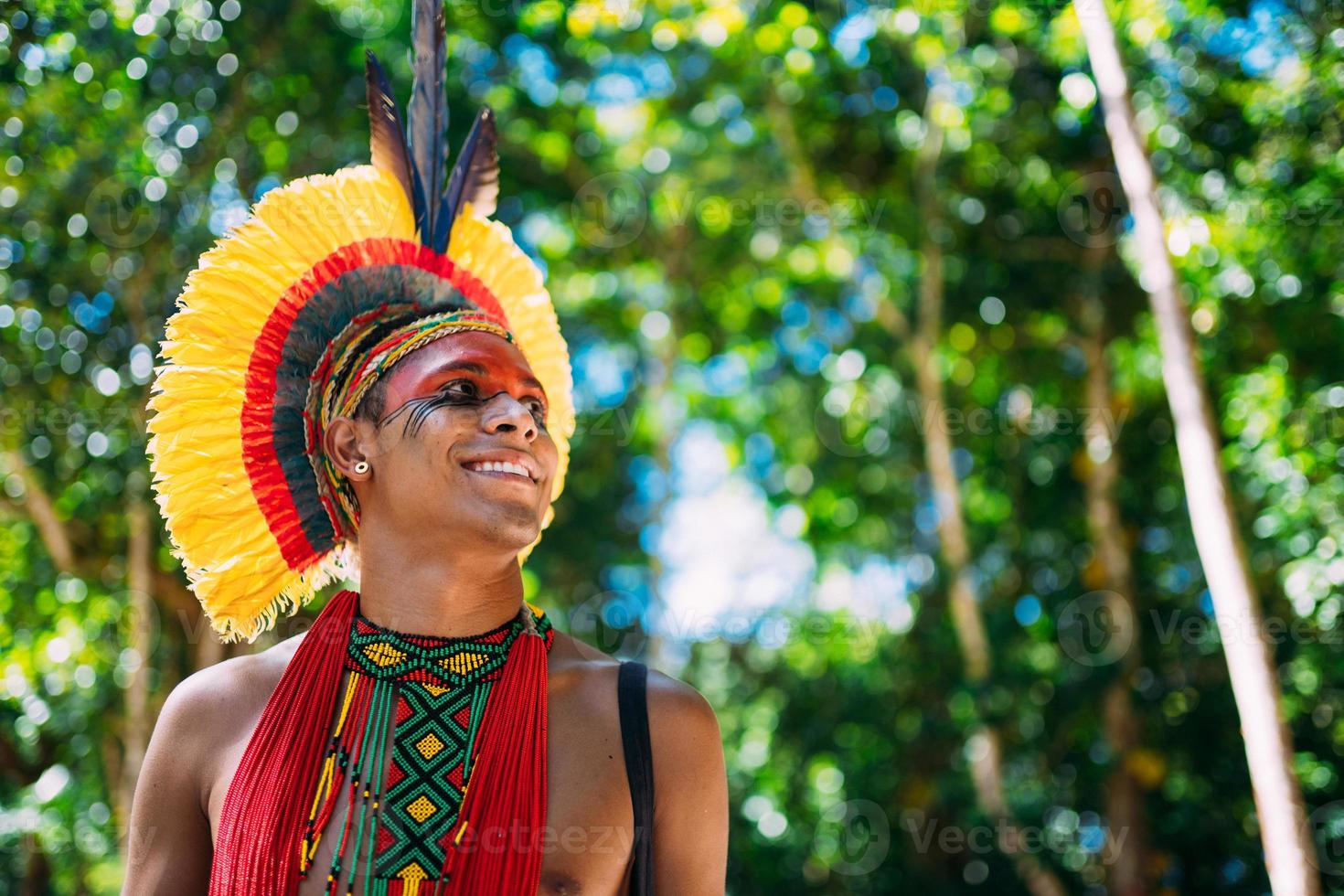 indiaan van de pataxo-stam met veren hoofdtooi naar rechts kijkend. inheems uit Brazilië met traditionele gezichtsschilderingen. foto