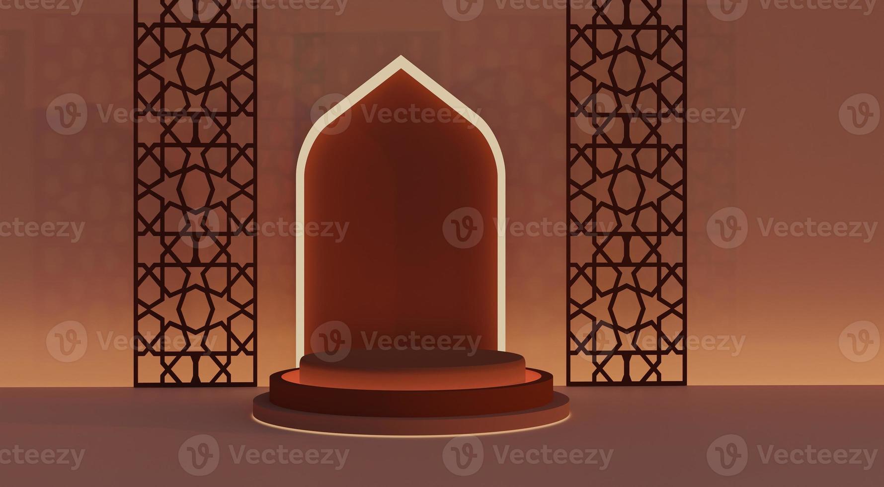 goudbruin islamitische decoratie achtergrond product display podium op boog ontwerp met licht 3D-rendering afbeelding foto