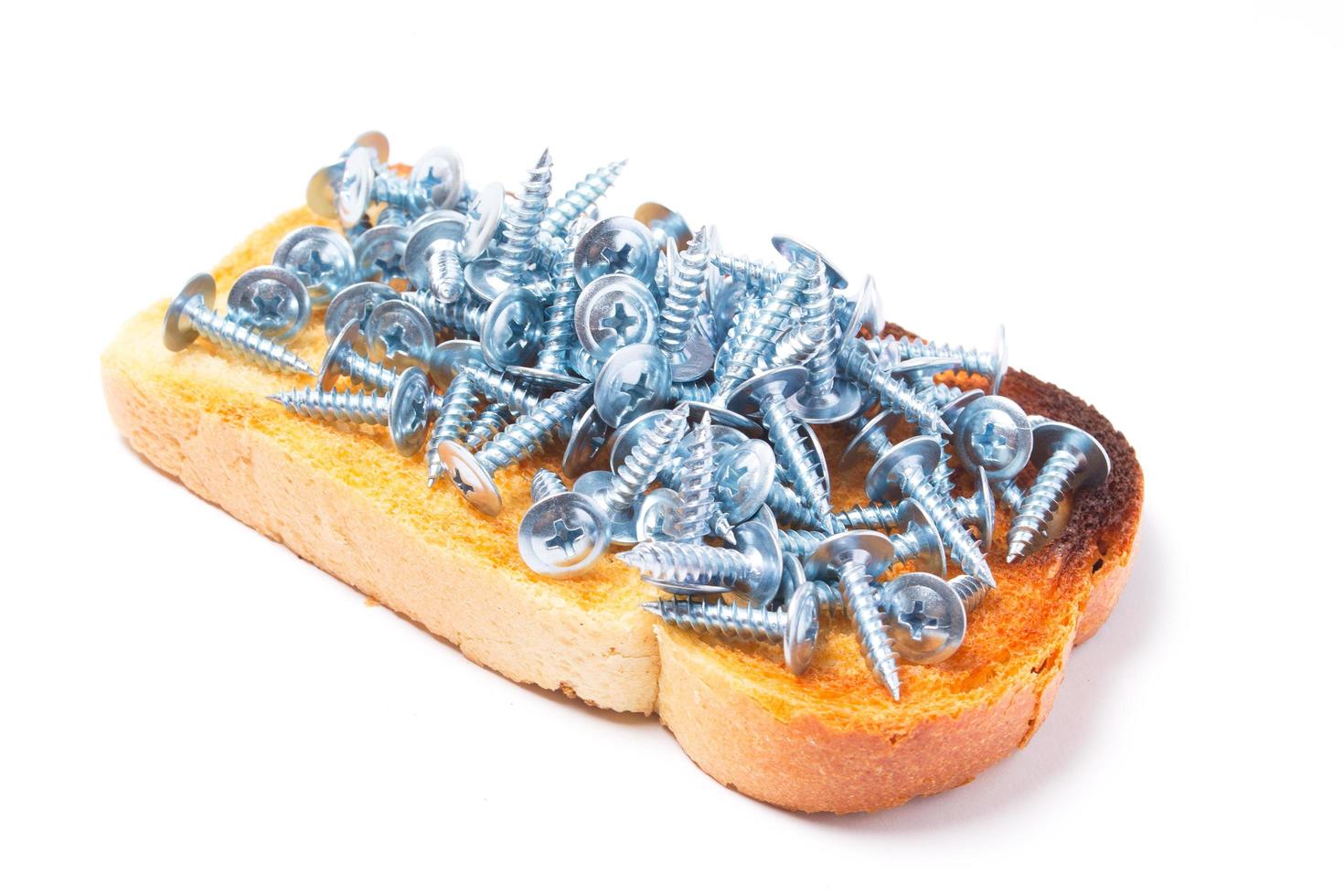 komische sandwich met schroeven, geïsoleerd op een witte achtergrond foto