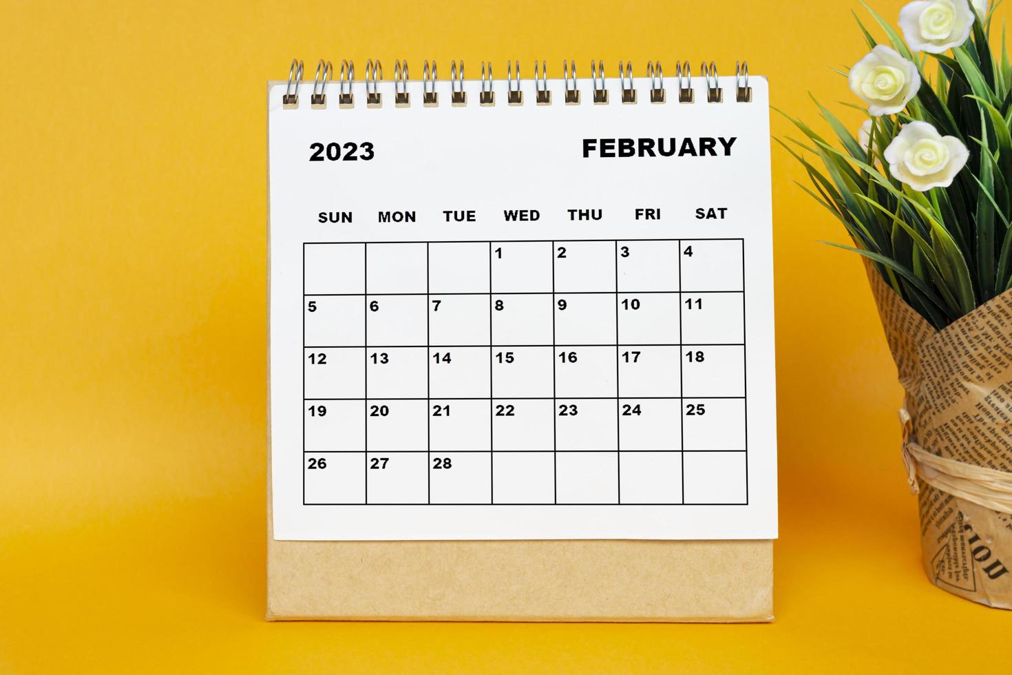 witte februari 2023 kalender met potplant op gele achtergrond. foto