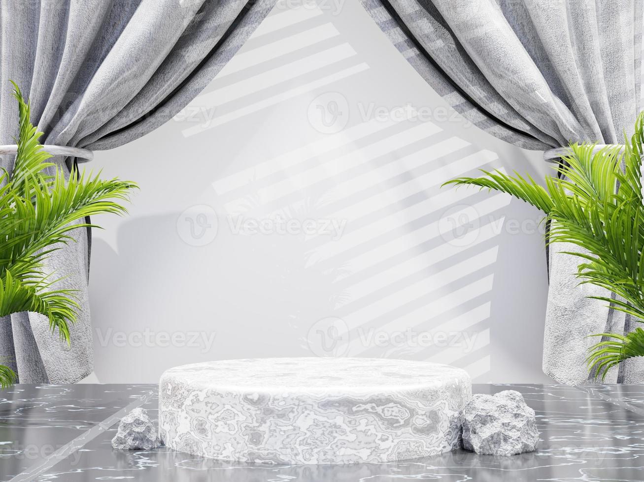minimalistisch marmeren cirkelpodium voor productpresentatie op palmplantachtergrond en open gordijnen op grijs, 3d render foto