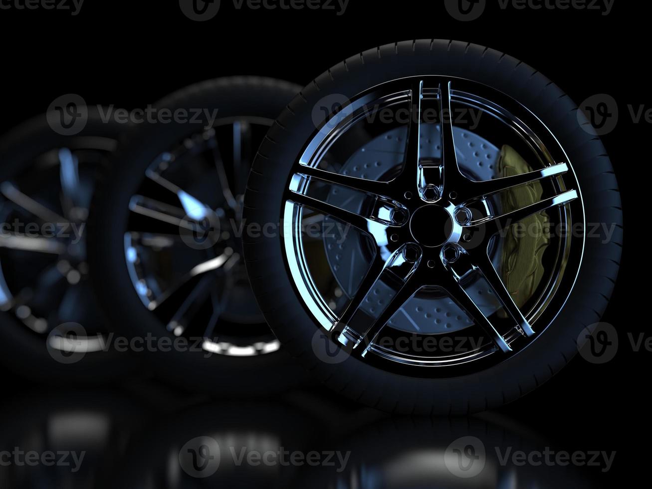 auto wiel met chromen schijven close-up op een donkere achtergrond. 3D render foto