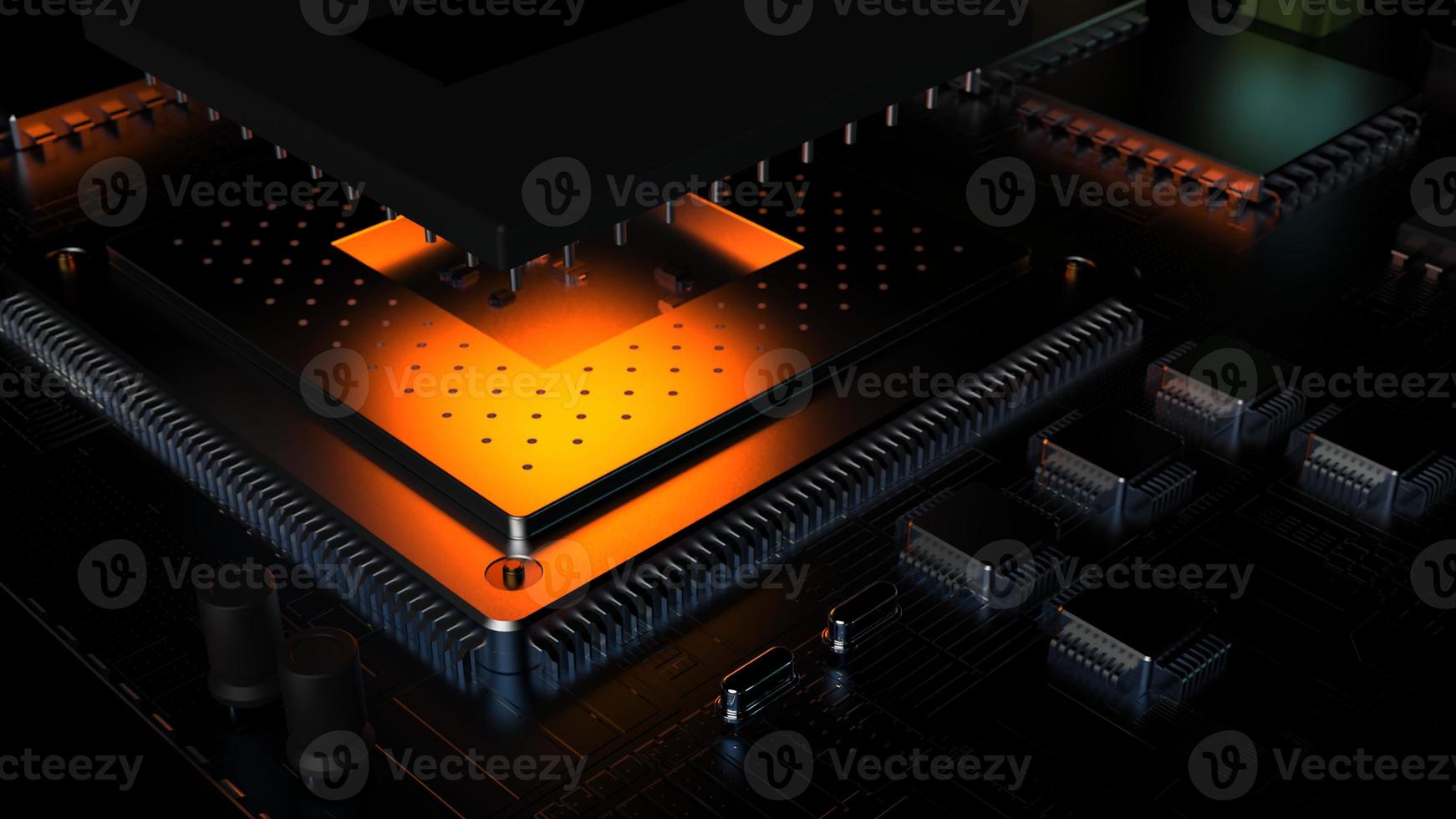 processorchip op een printplaat in rode achtergrondverlichting. 3D illustratie op het gebied van technologie en de kracht van kunstmatige intelligentie. foto