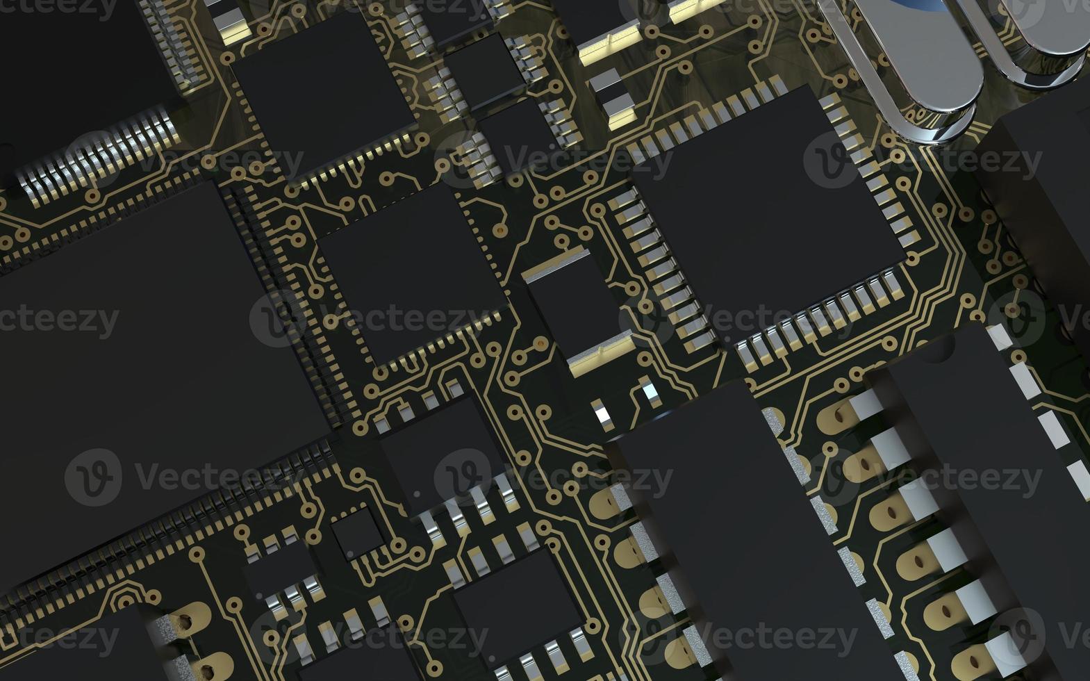 processorchip op een printplaat in rode achtergrondverlichting. 3D illustratie op het gebied van technologie en de kracht van kunstmatige intelligentie. foto