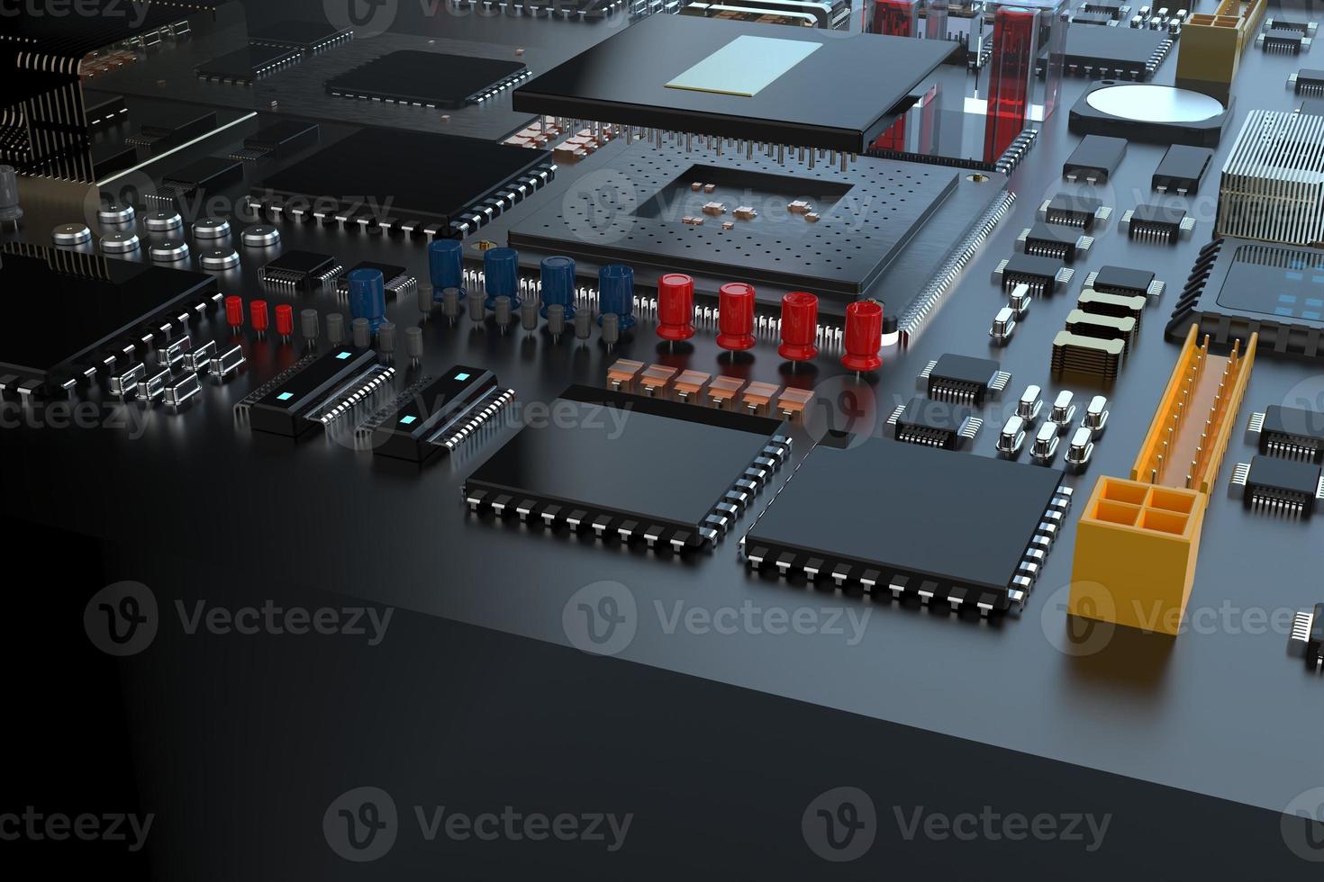 processorchip op een printplaat in rode achtergrondverlichting. 3D illustratie op het gebied van technologie en de kracht van kunstmatige intelligentie. foto