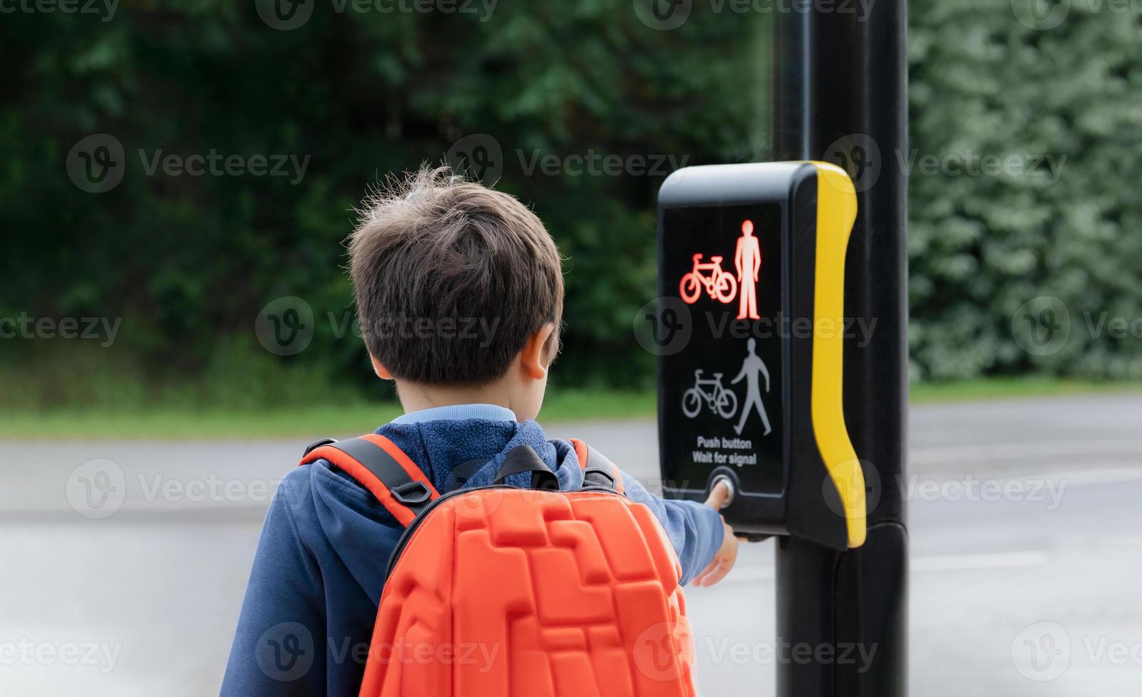 achteraanzicht portret school kind op de knop te drukken bij verkeerslichten op zebrapad op weg naar school. kind jongen met rugzak met behulp van verkeerslicht gecontroleerde voetgangers faciliteiten voor het oversteken van de weg foto