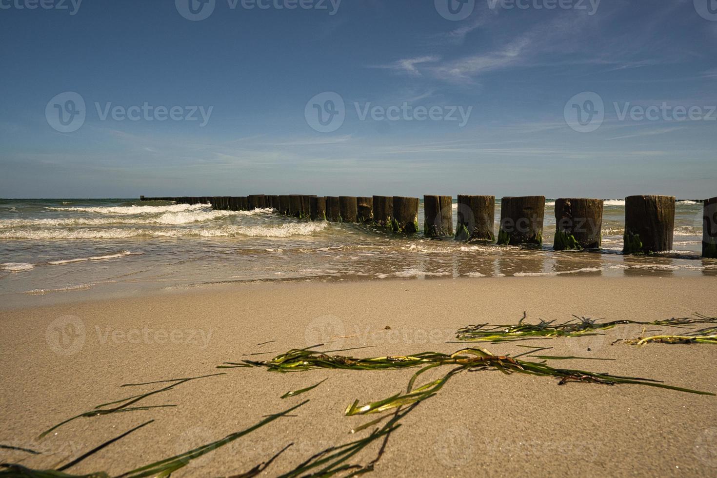 op de stand van de Oostzee in zingst. uitzicht op zee met kribben foto