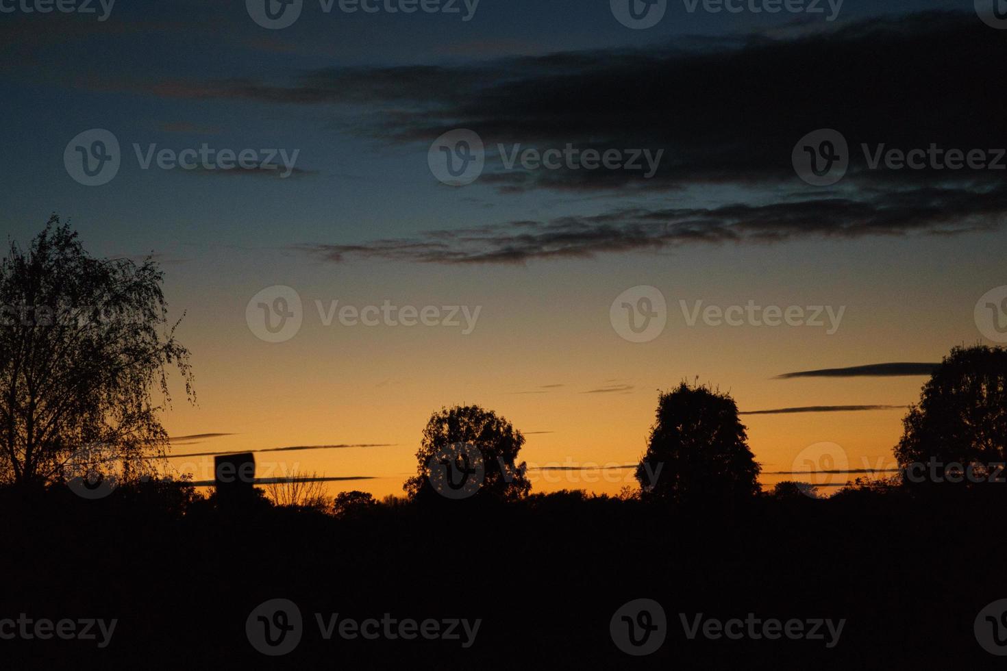 zonsondergang met brandende lucht achter de bomen. foto