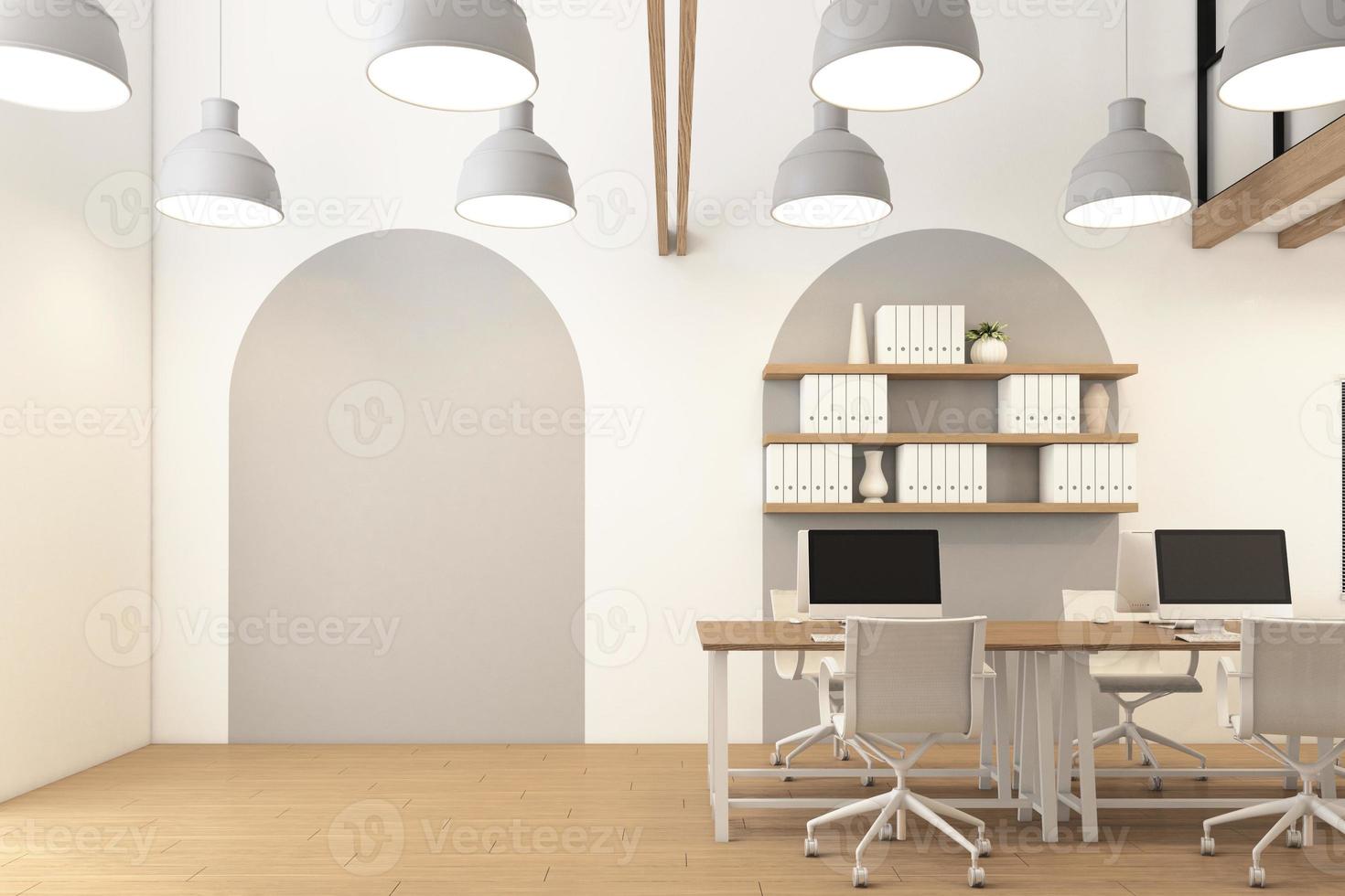 minimalistische kantoorruimte met hanglamp en houten bureau, witte muur en houten vloer. 3D-rendering foto