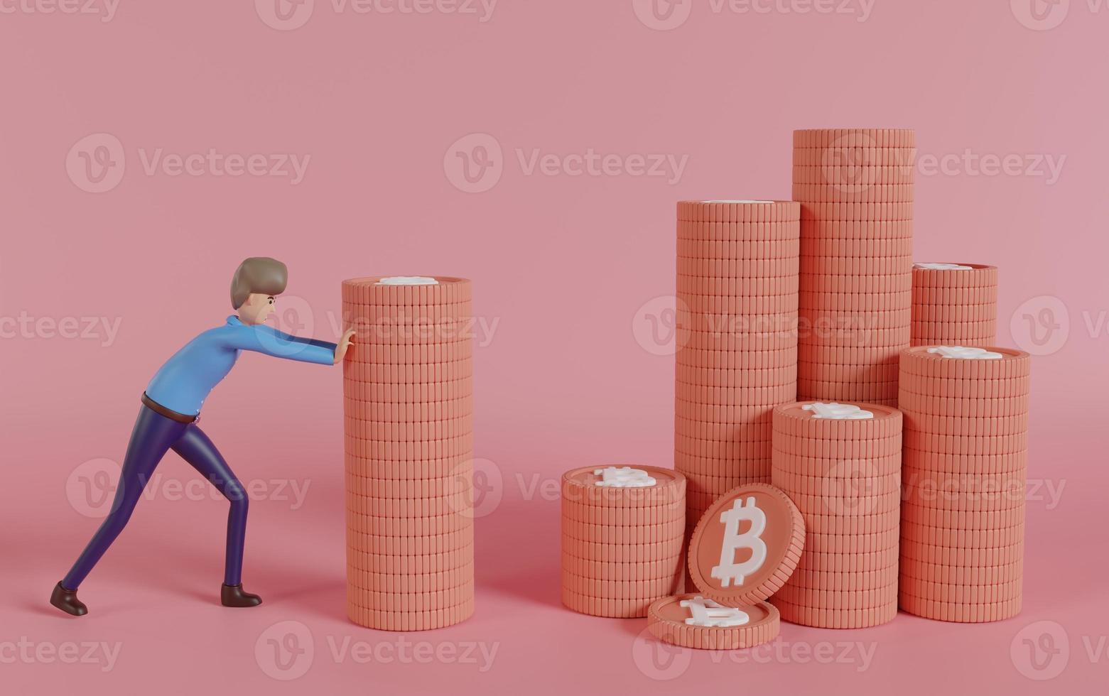 cartoon zakenman duwen een stapel munten naar een andere stapels, financieel concept, geldbesparing, 3d render illustratie, bitcoin groei concept. foto