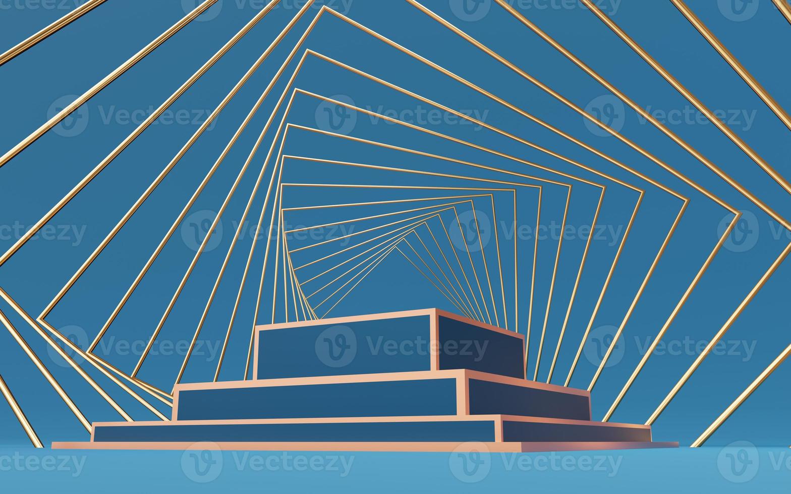 lege blauwe kubus podium stap met gouden rand en gouden vierkant op blauwe achtergrond. abstracte minimale studio 3d geometrische vormobject. mockupruimte voor weergave van productontwerp. 3D-rendering. foto