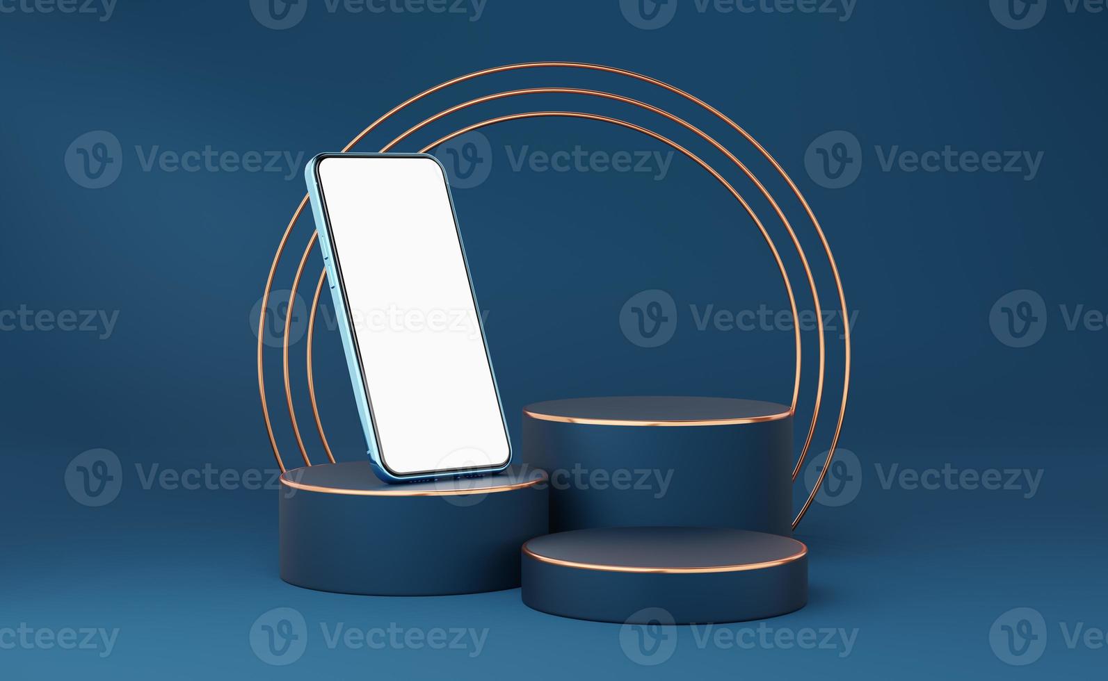 blauwe mobiele telefoon op cilinderpodium met gouden rand en koperen cirkel op blauwe achtergrond. minimale studio 3d. 3 sokkel mock-up ruimte voor modern. smartphone met leeg wit scherm. 3D-rendering. foto