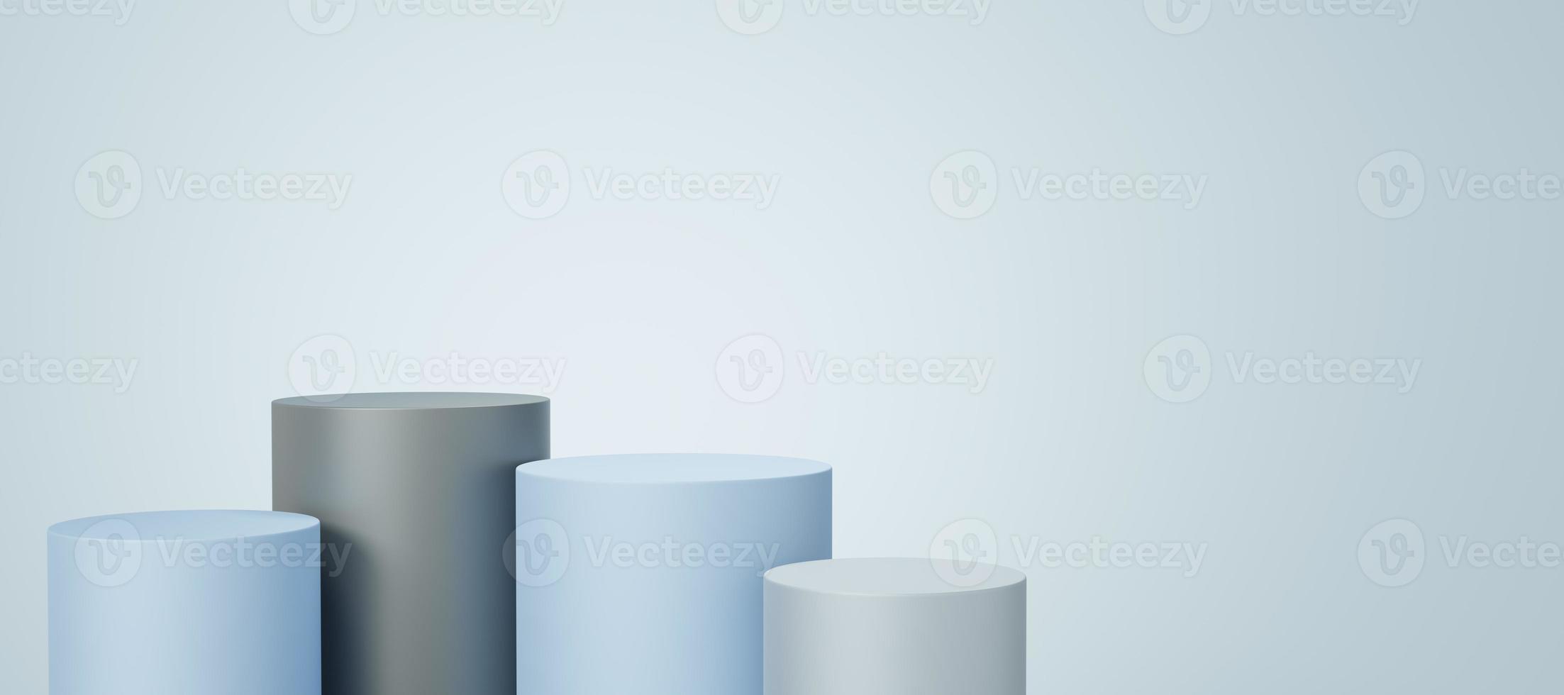 4 leeg grijs en blauw cilinderpodium dat op witte exemplaarruimteachtergrond drijft. abstracte minimale studio 3d geometrische vormobject. voetstuk mockup ruimte voor weergave van productontwerp. 3D-rendering. foto